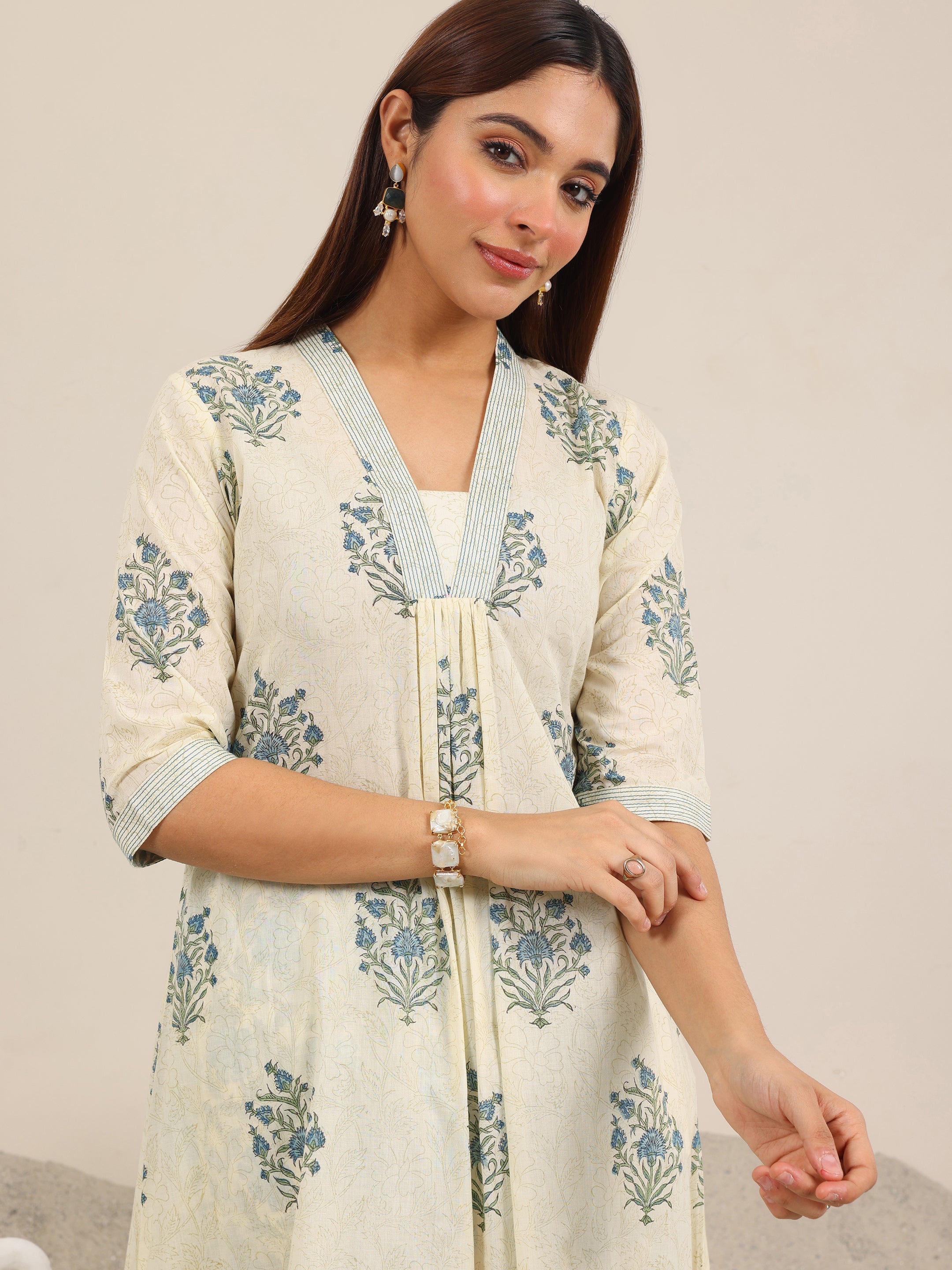 Off White Printed Pure Cotton A-Line Kurta Set
