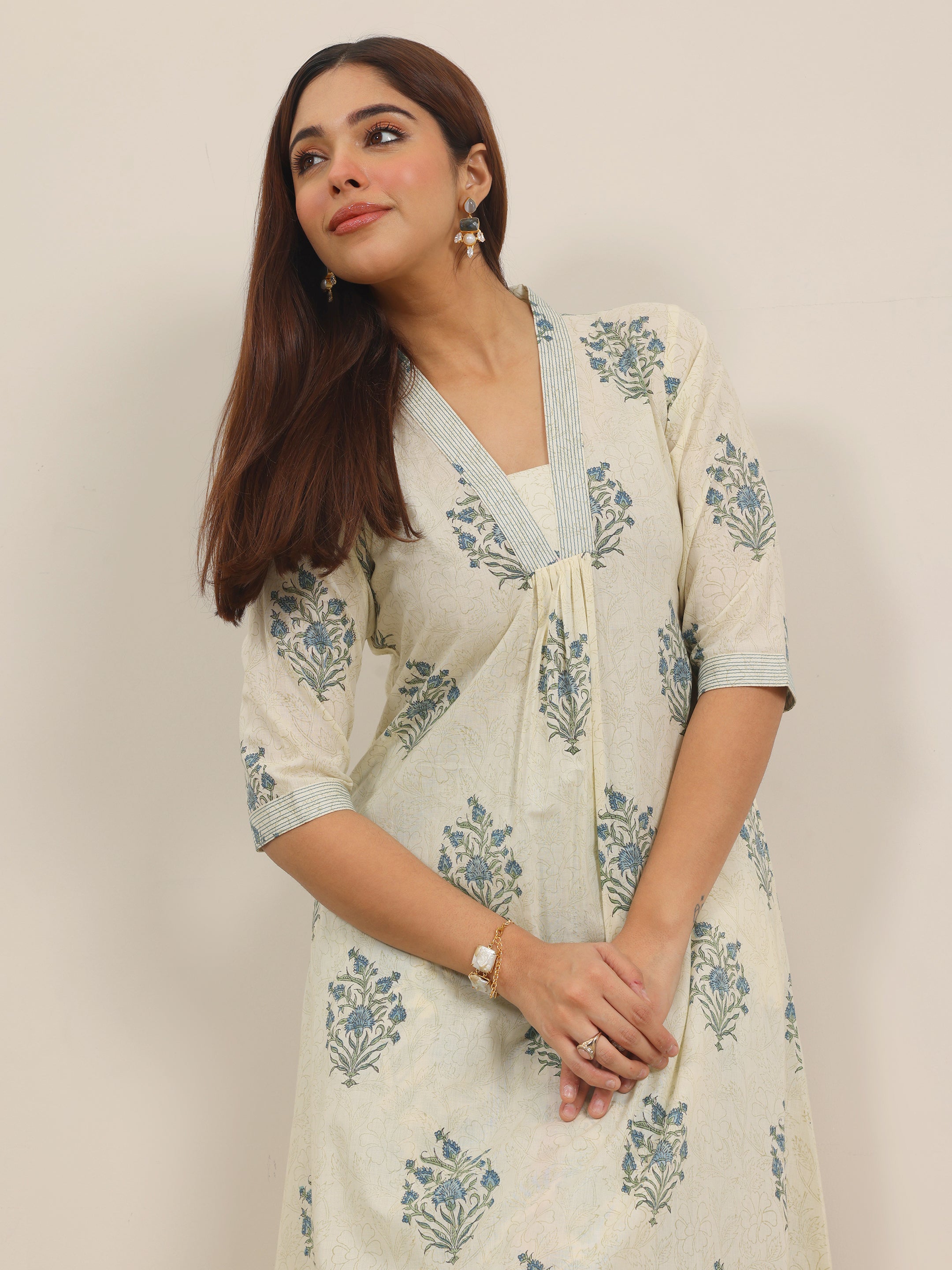 Off White Printed Pure Cotton A-Line Kurta Set