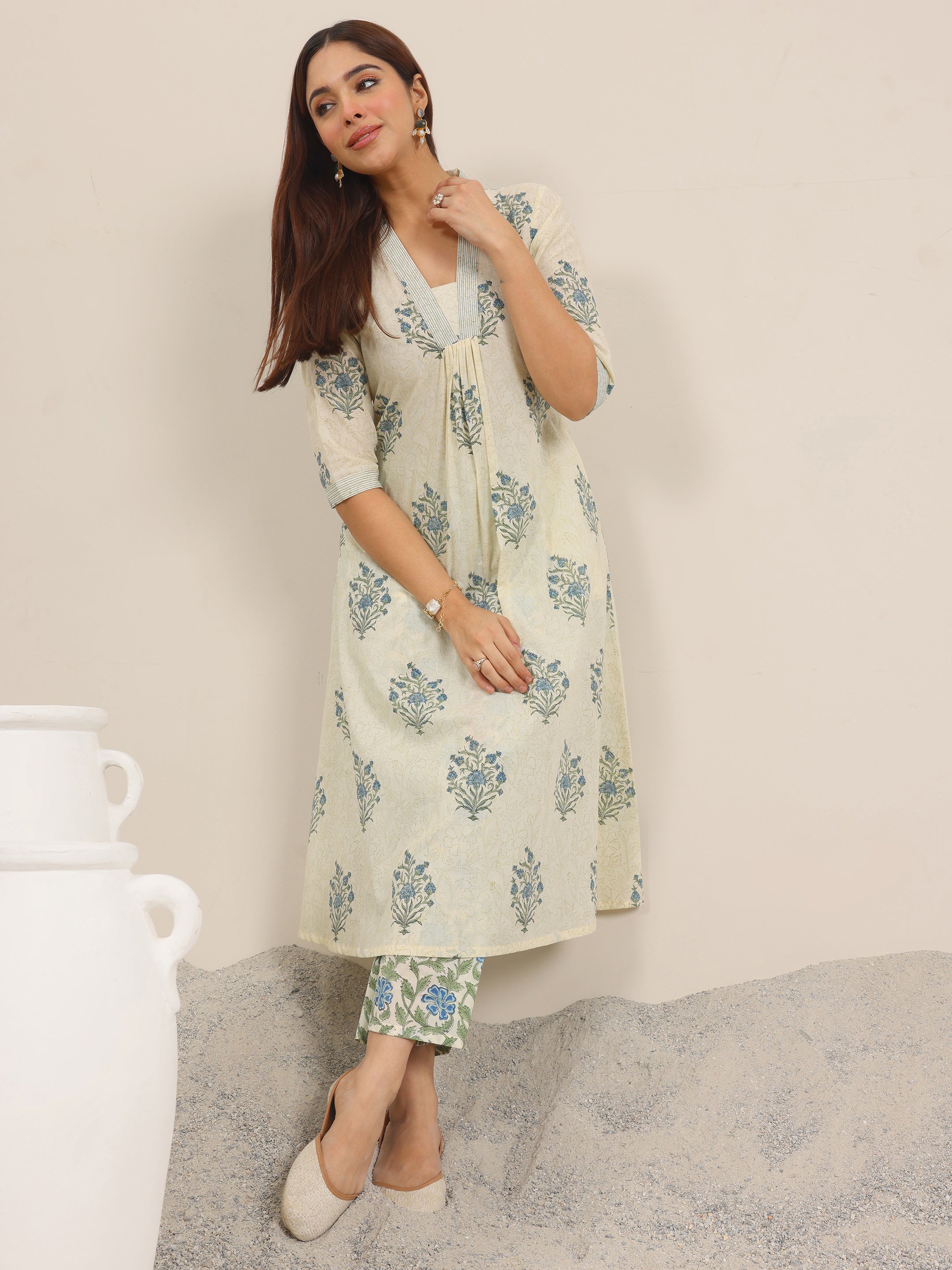 Off White Printed Pure Cotton A-Line Kurta Set