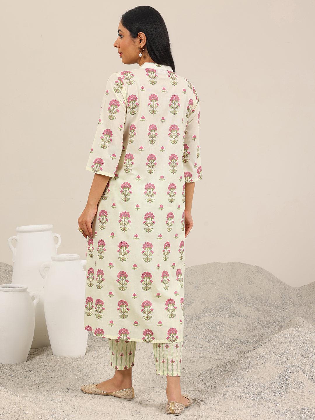 Off White Printed Pure Cotton Straight Kurta Set