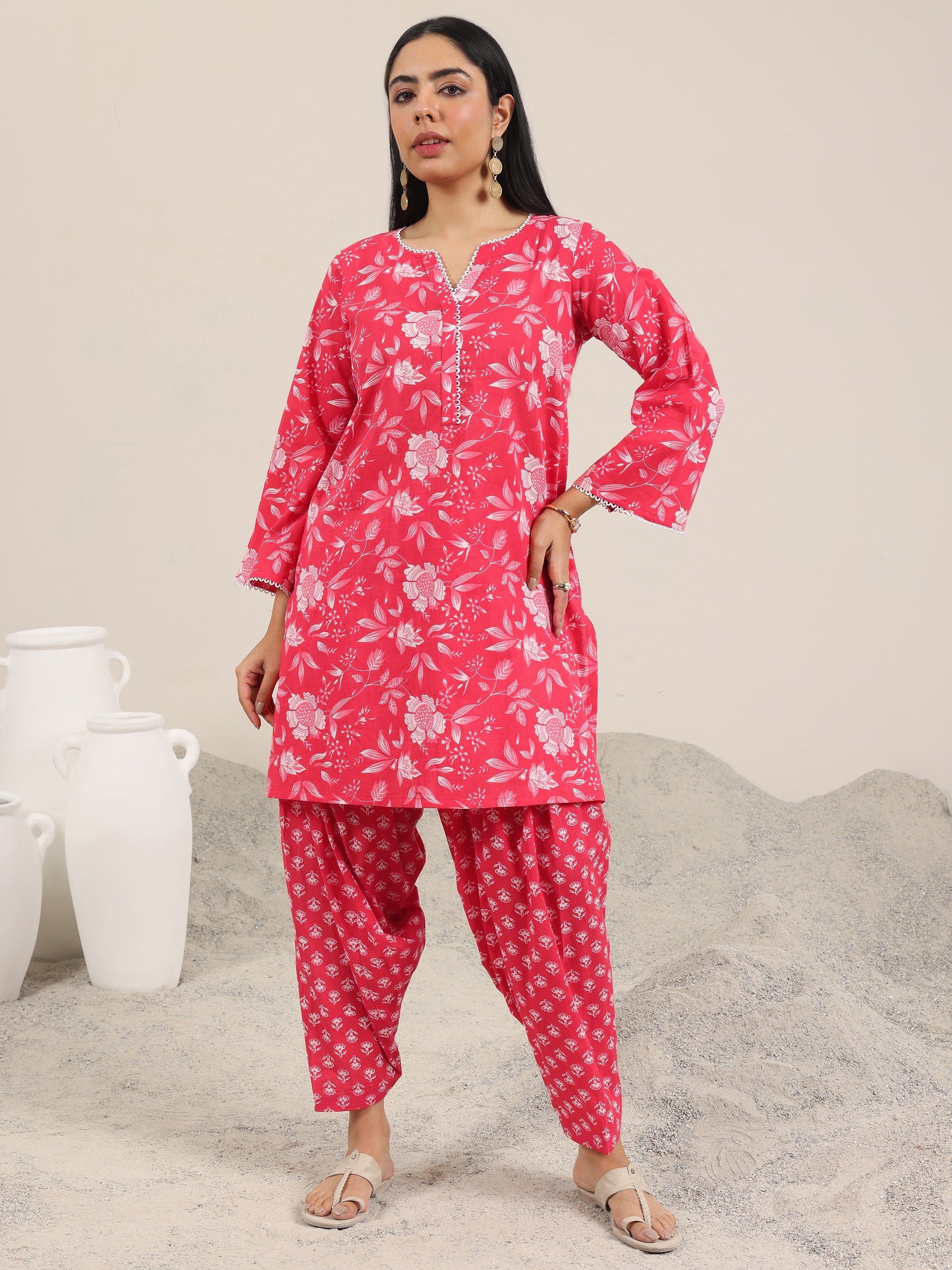 Pink Printed Pure Cotton Straight Kurta Set