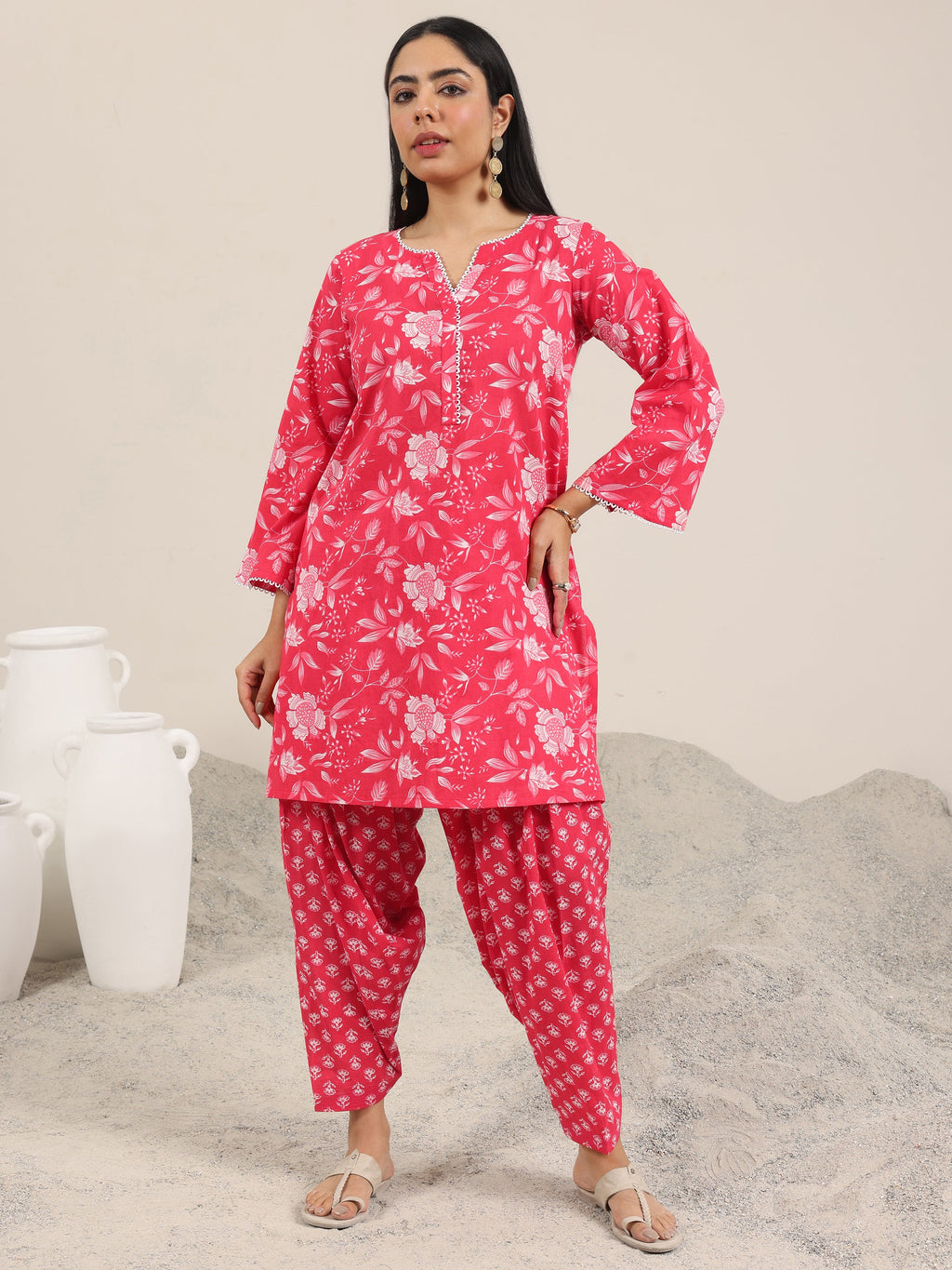 Pink Printed Pure Cotton Straight Kurta Set