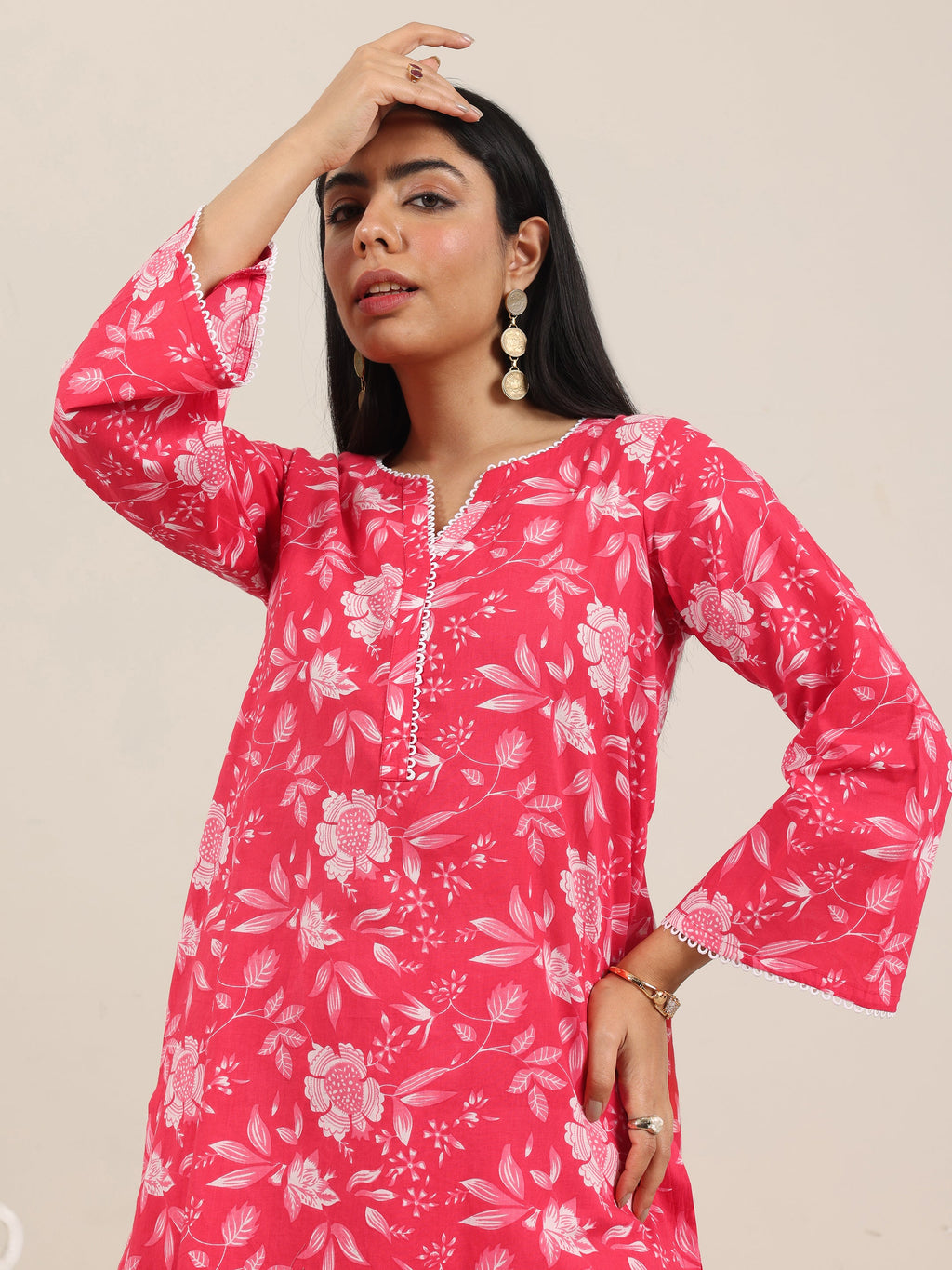 Pink Printed Pure Cotton Straight Kurta Set