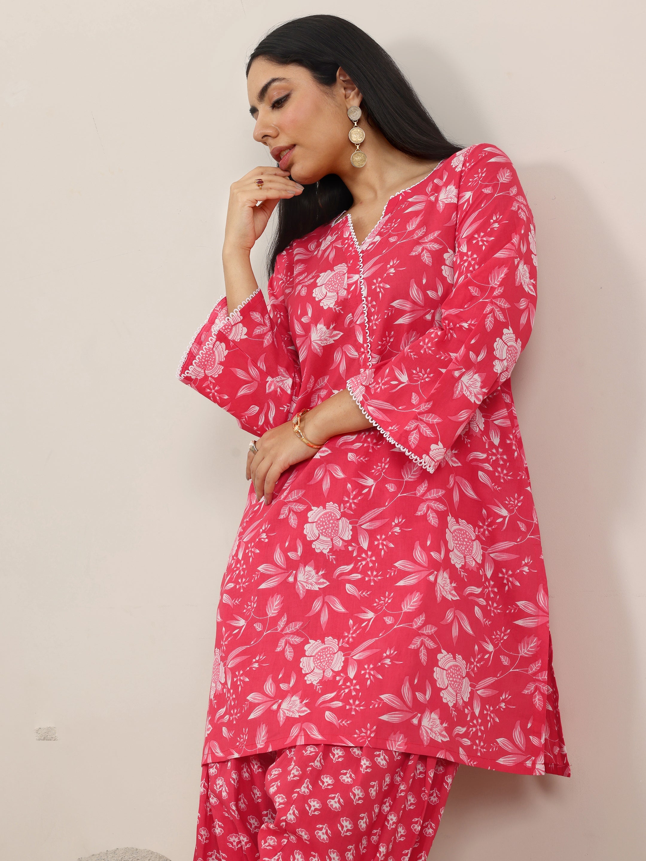Pink Printed Pure Cotton Straight Kurta Set