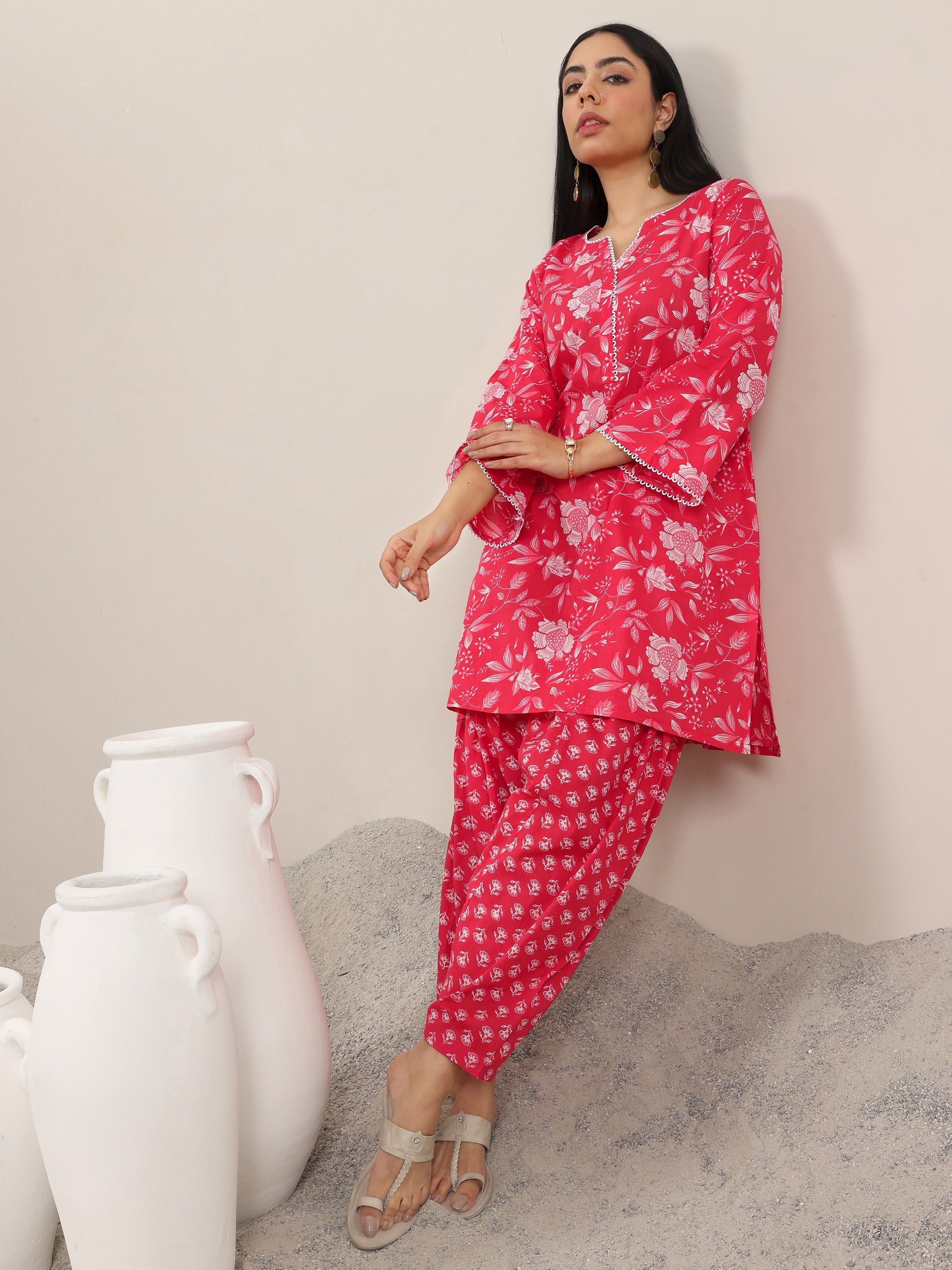 Pink Printed Pure Cotton Straight Kurta Set
