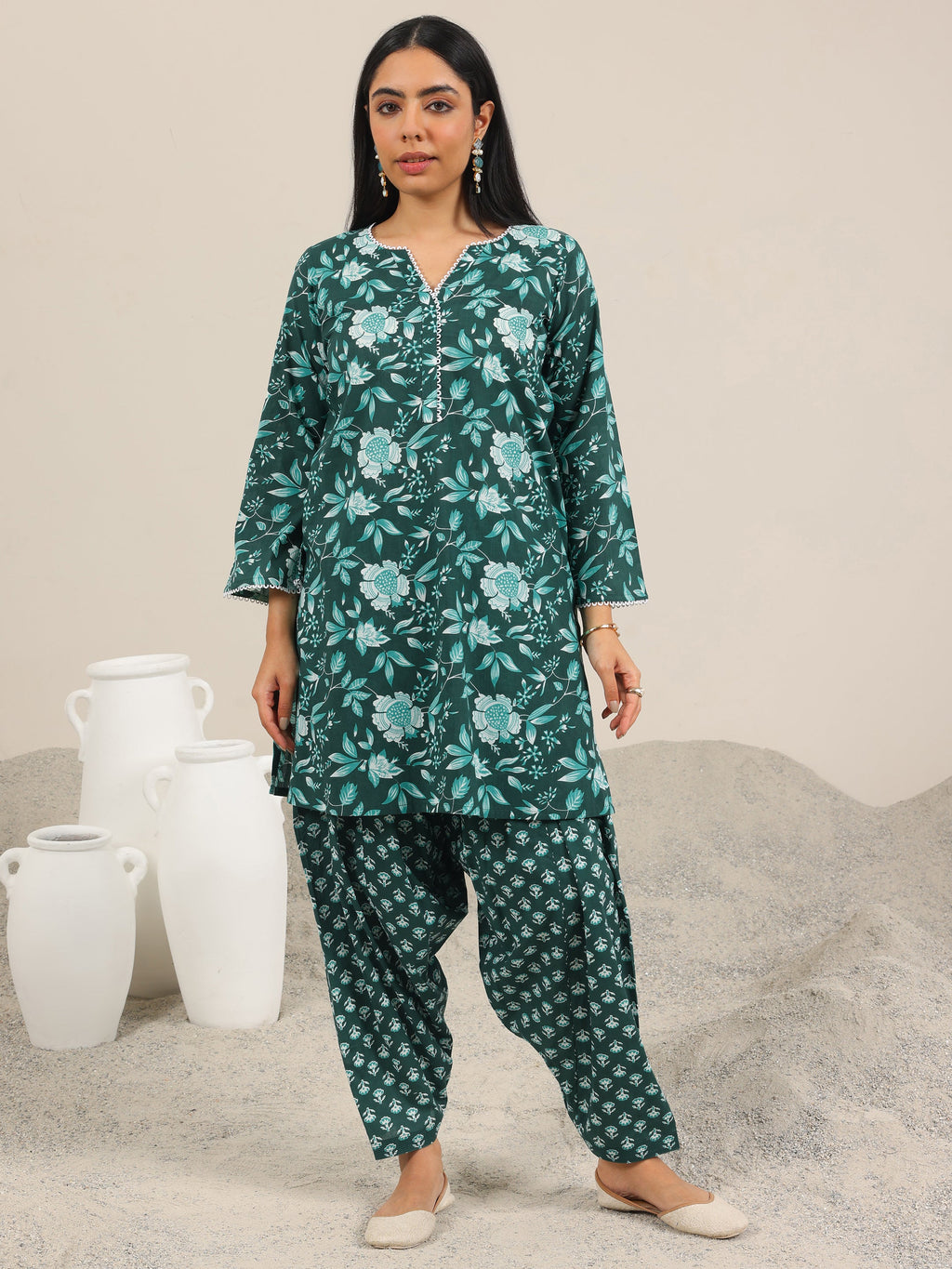 Green Printed Pure Cotton Straight Kurta Set