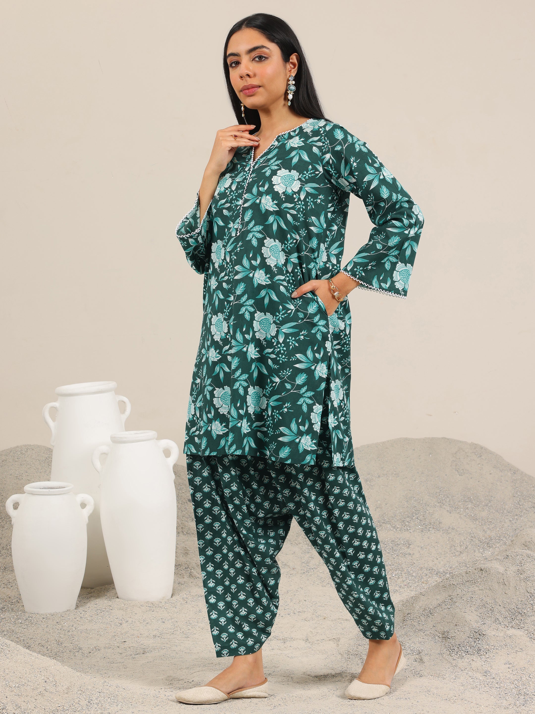 Green Printed Pure Cotton Straight Kurta Set