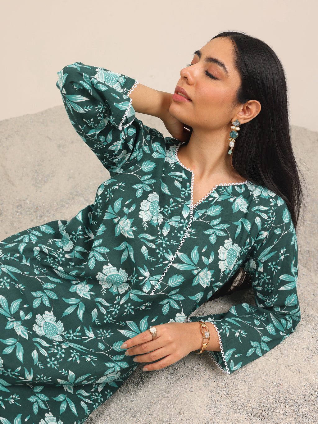 Green Printed Pure Cotton Straight Kurta Set