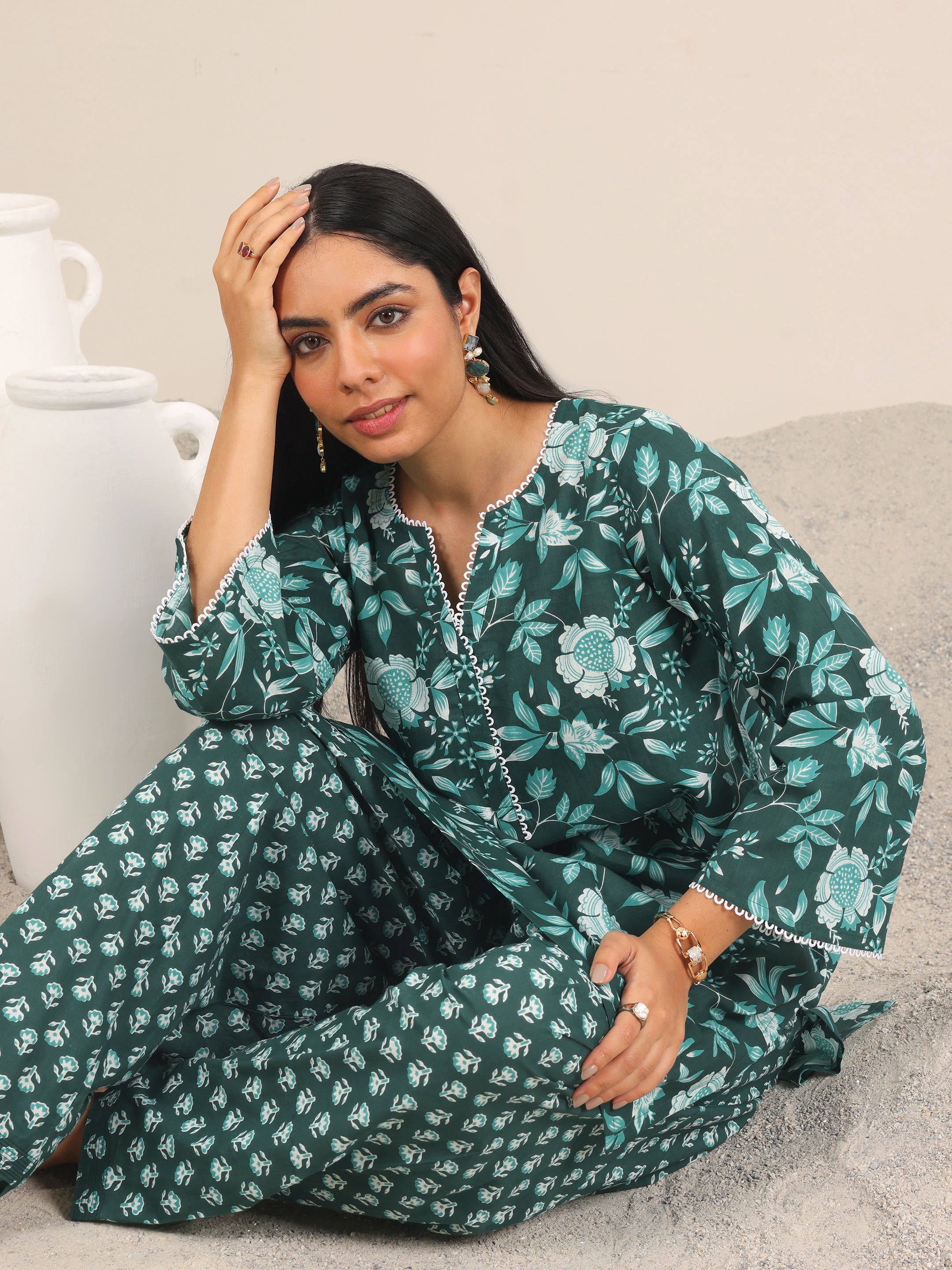 Green Printed Pure Cotton Straight Kurta Set