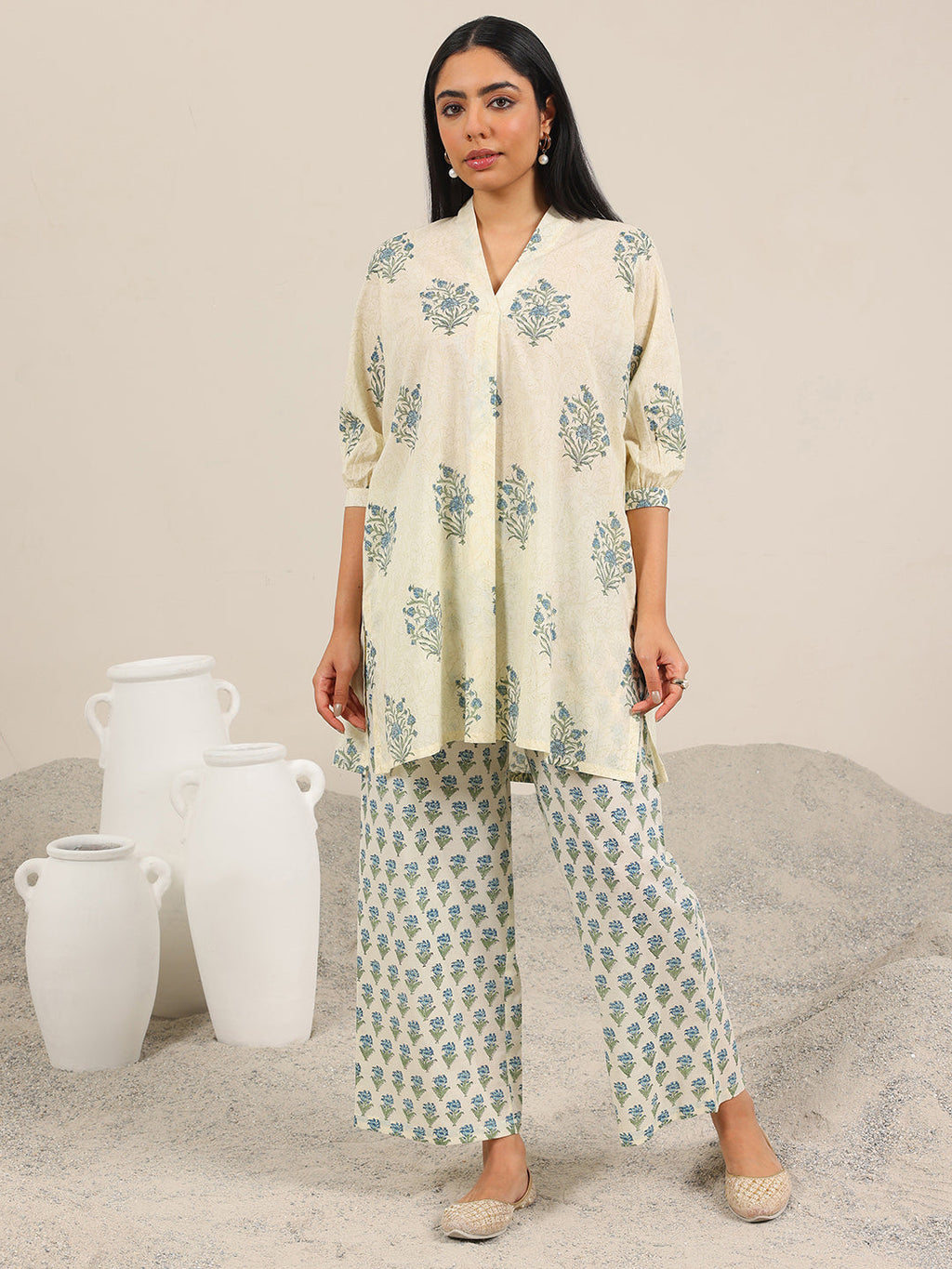 Off White Printed Pure Cotton Straight Kurta Set