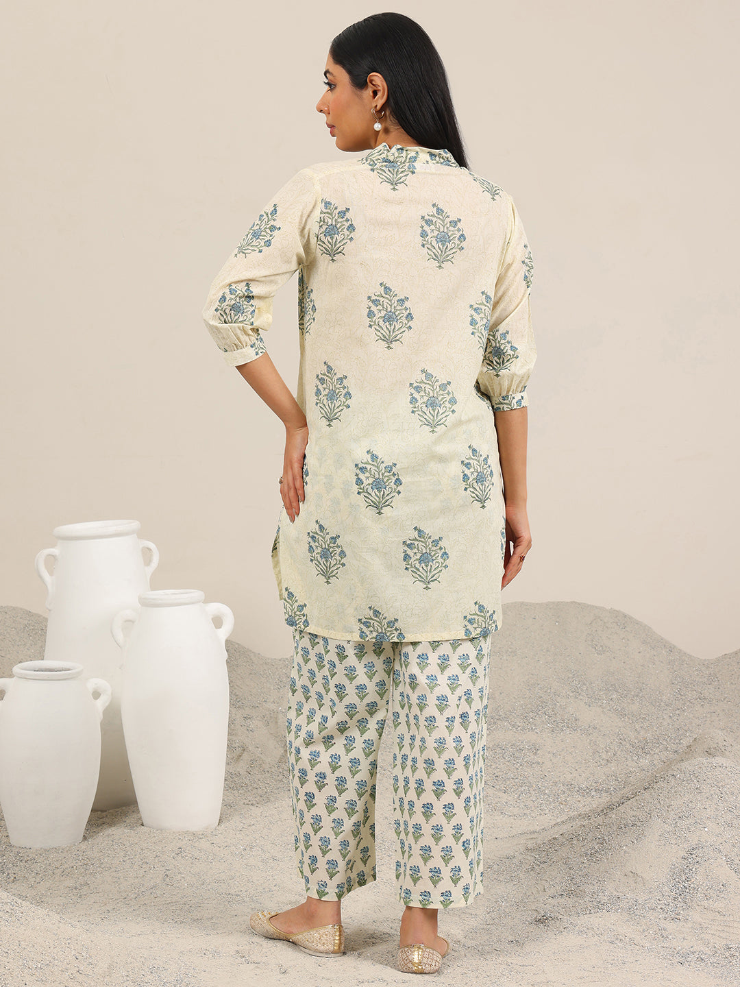 Off White Printed Pure Cotton Straight Kurta Set