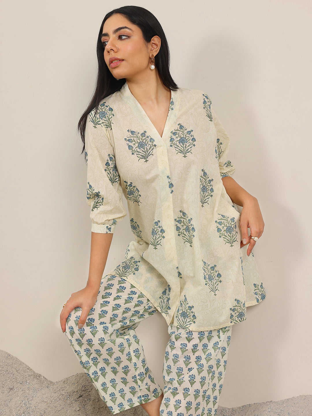 Off White Printed Pure Cotton Straight Kurta Set