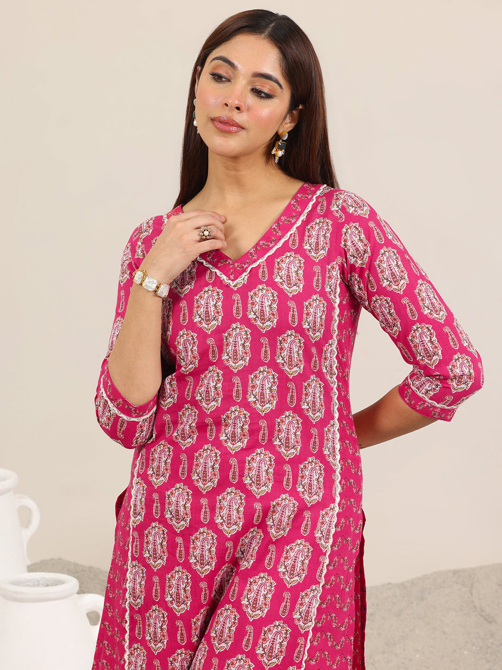Pink Printed Pure Cotton Straight Kurta Set