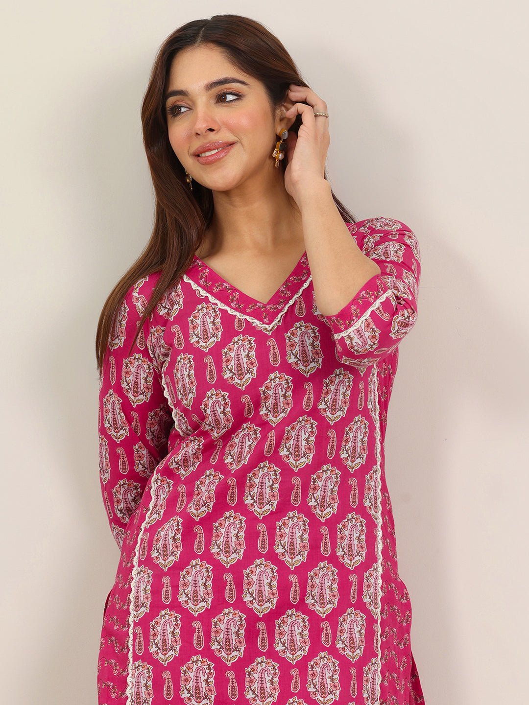 Pink Printed Pure Cotton Straight Kurta Set