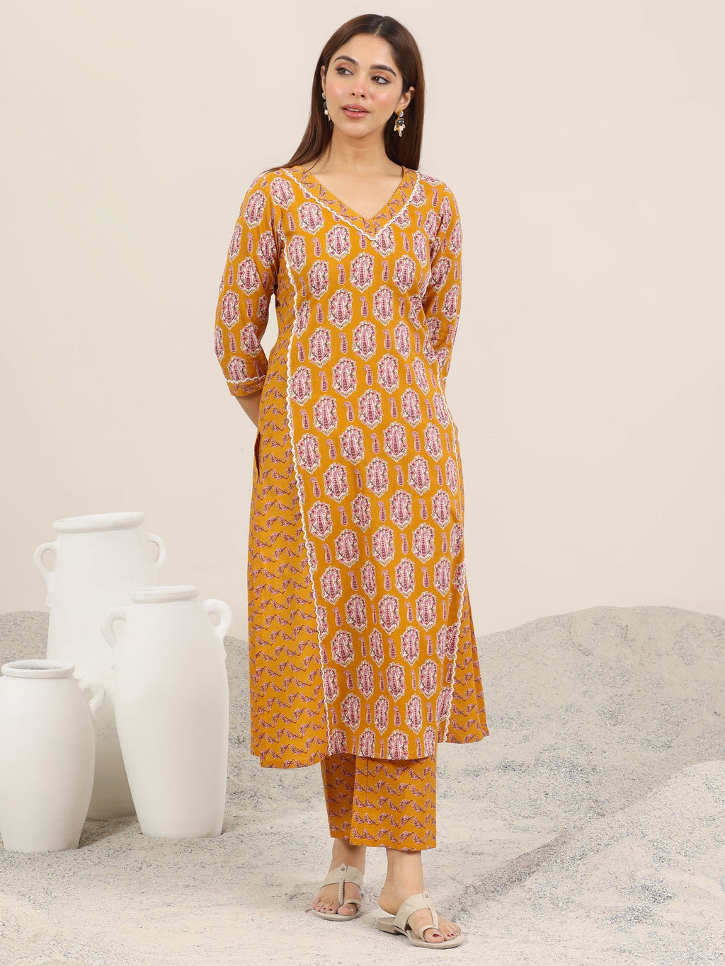 Mustard Printed Pure Cotton Straight Kurta Set