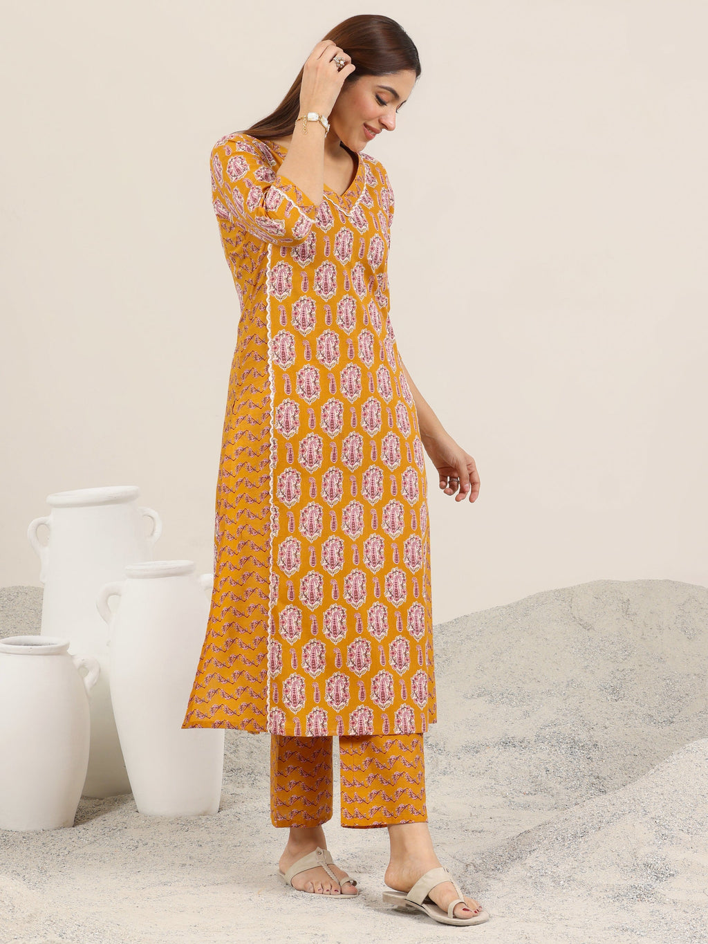 Mustard Printed Pure Cotton Straight Kurta Set