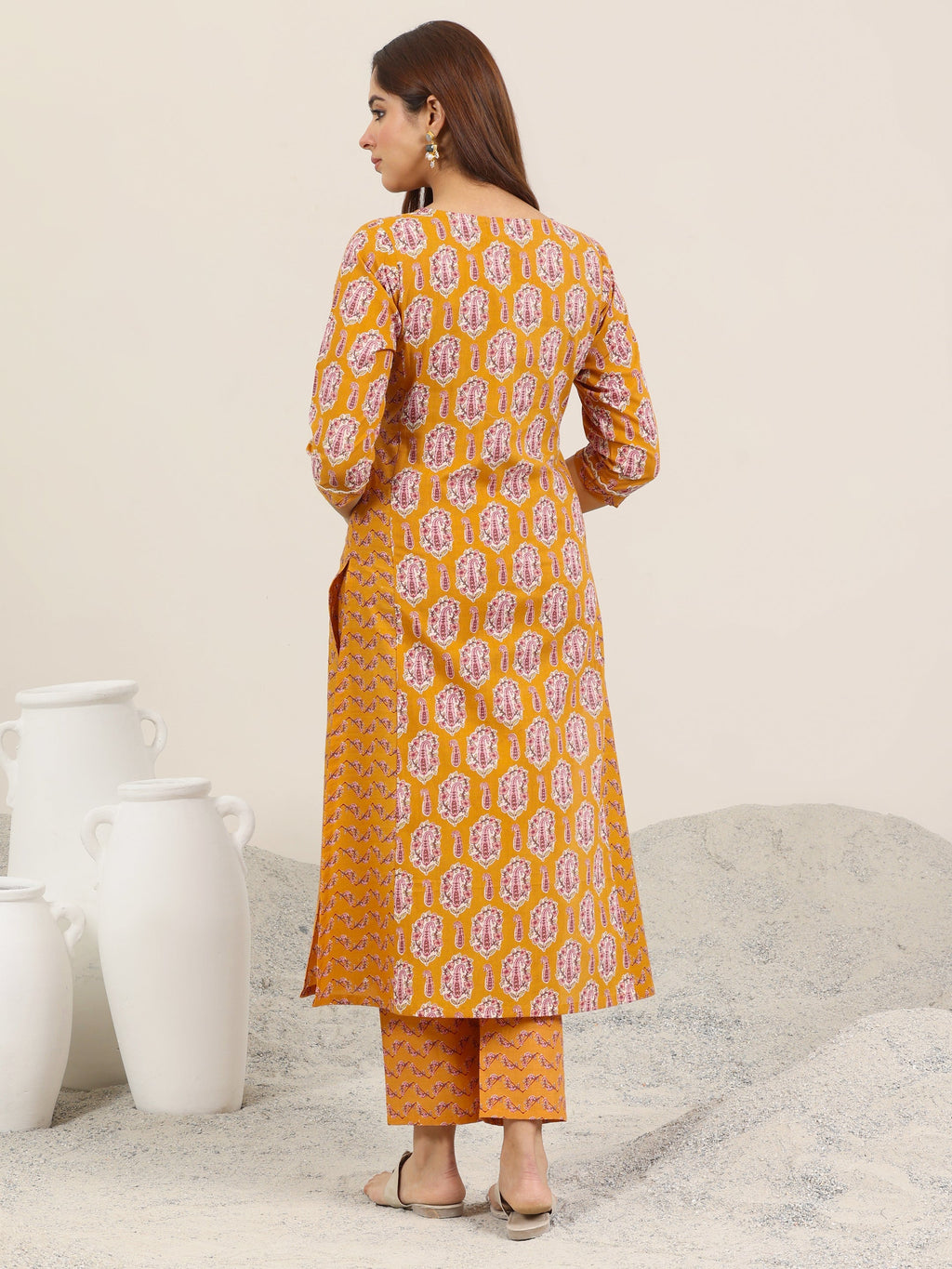 Mustard Printed Pure Cotton Straight Kurta Set