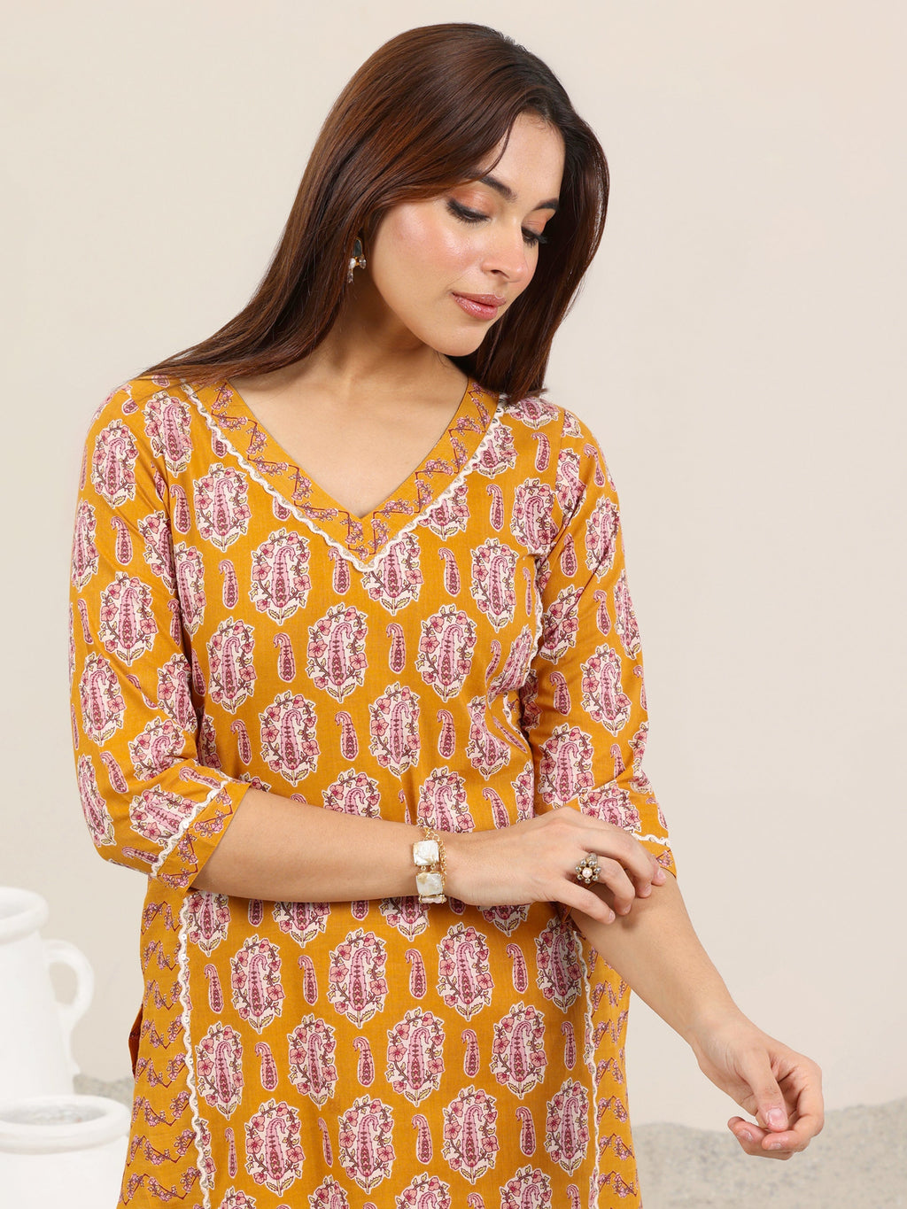 Mustard Printed Pure Cotton Straight Kurta Set