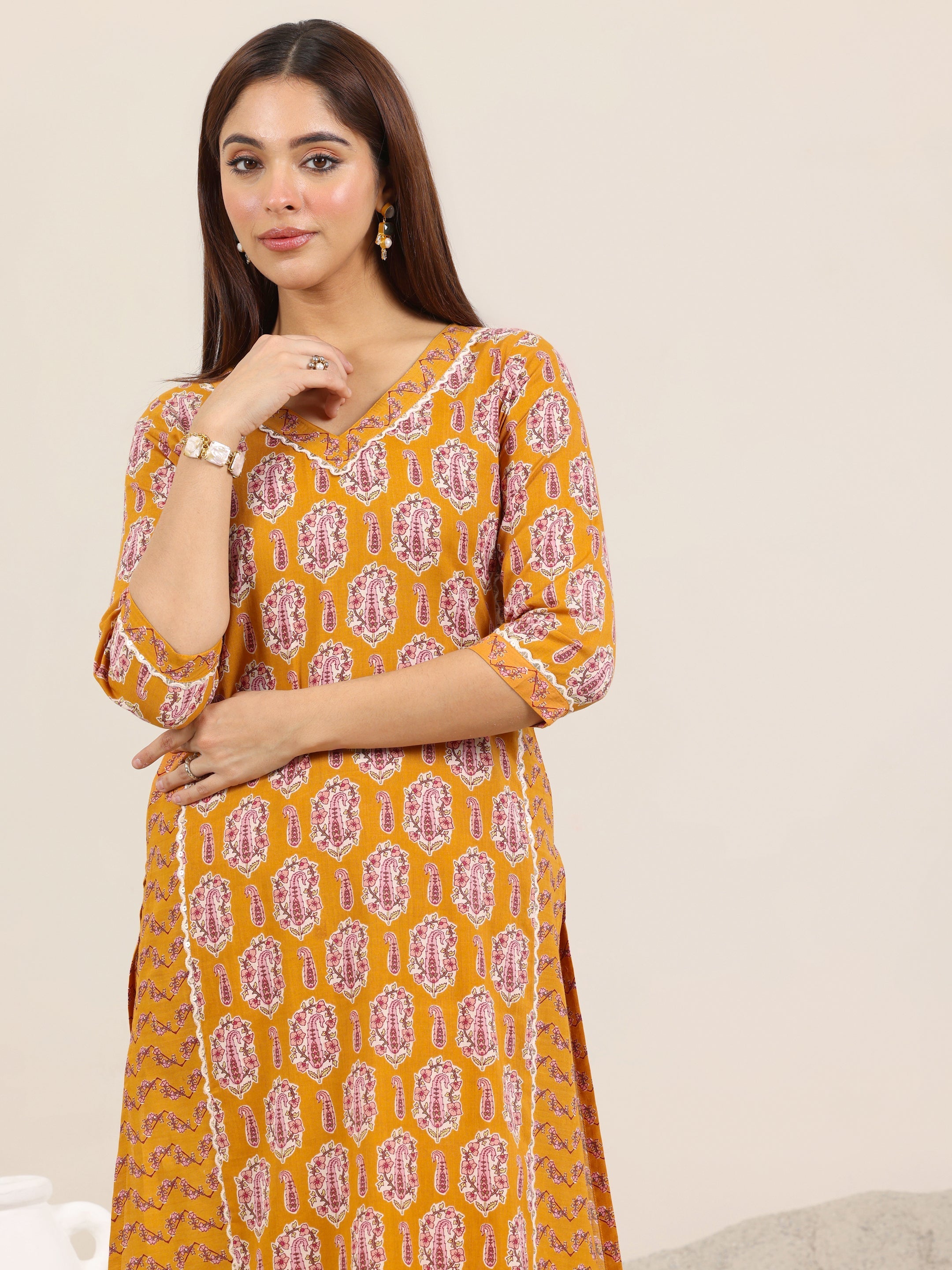 Mustard Printed Pure Cotton Straight Kurta Set