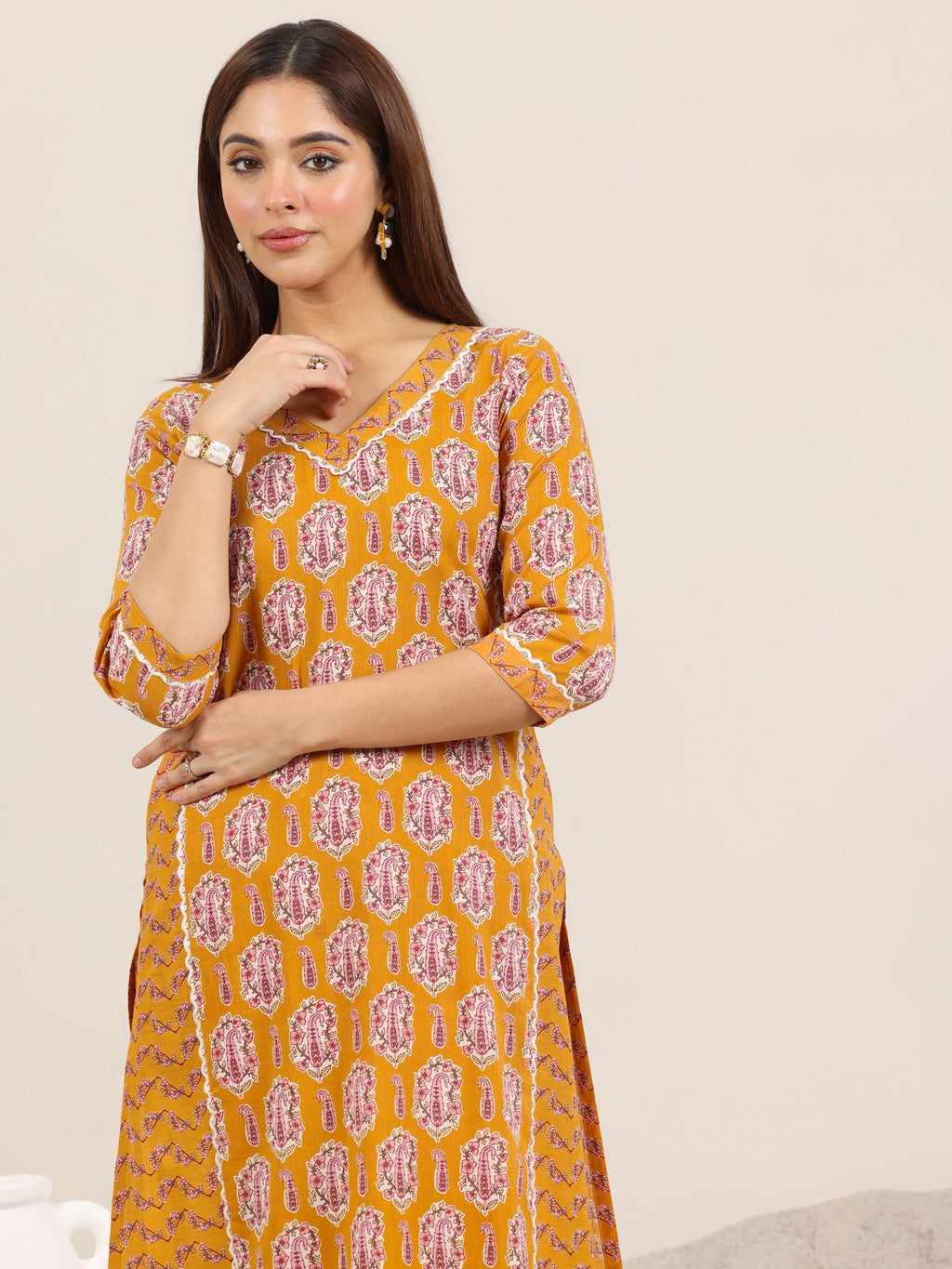 Mustard Printed Pure Cotton Straight Kurta Set