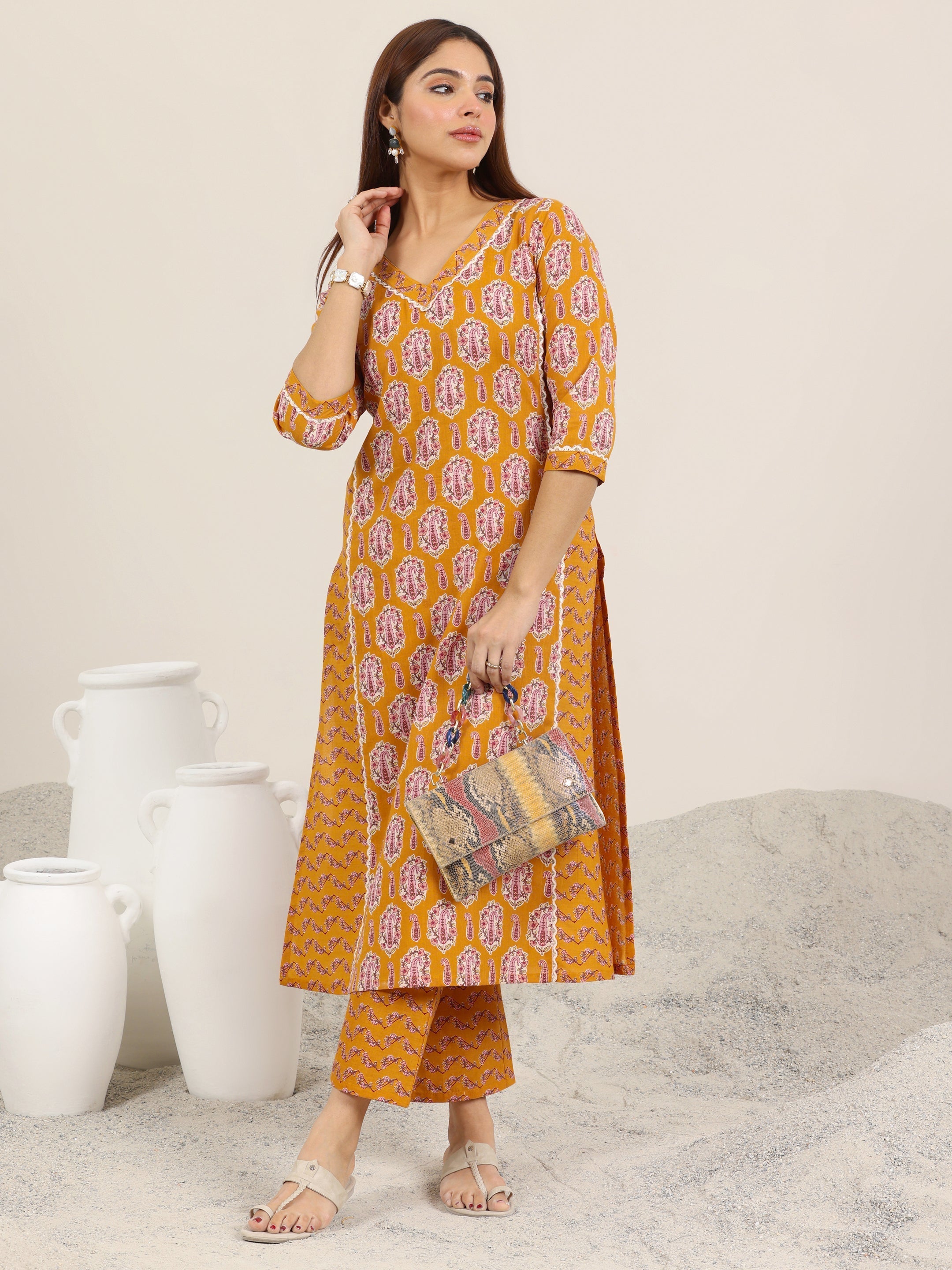 Mustard Printed Pure Cotton Straight Kurta Set