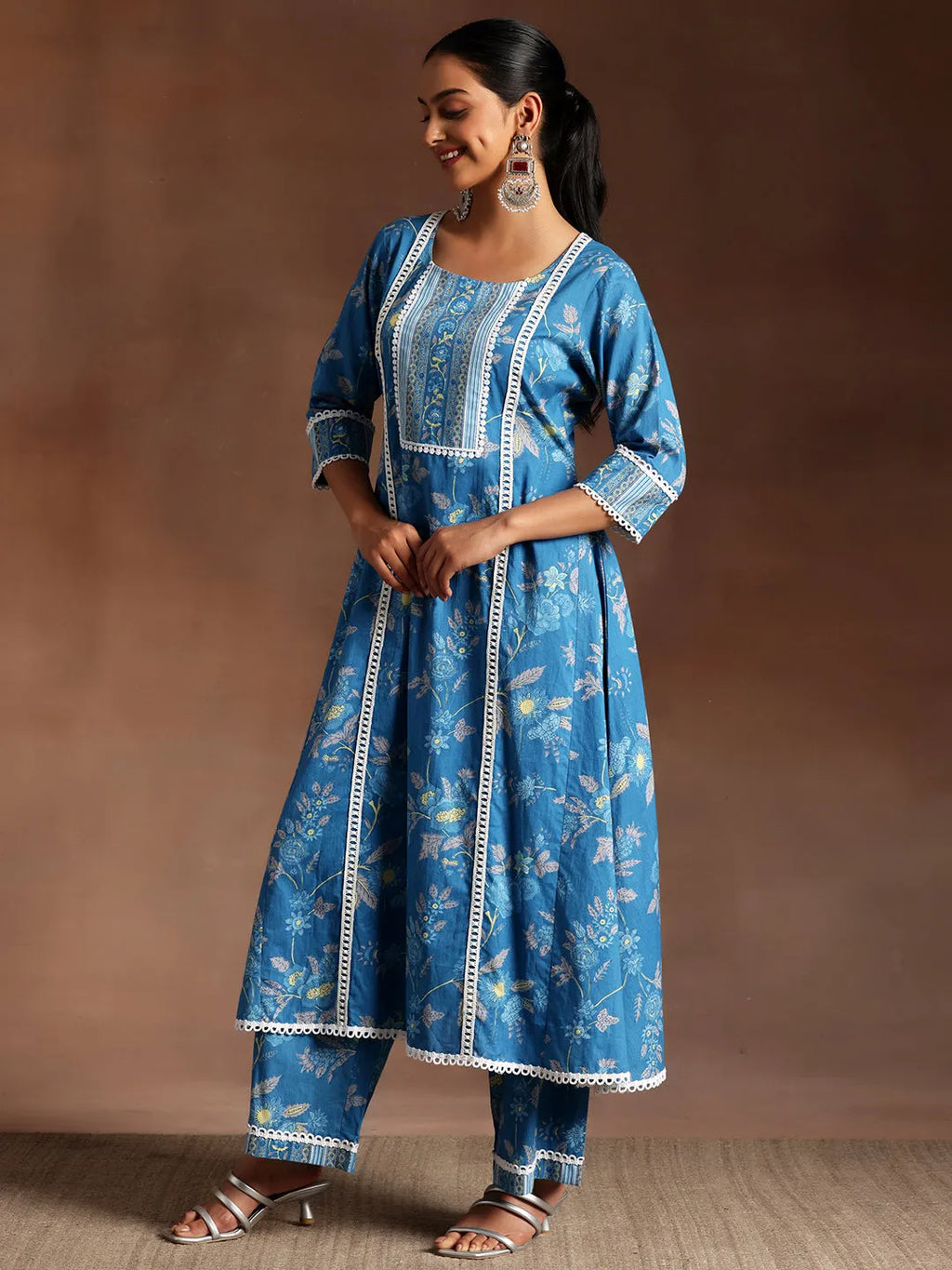 Blue Printed Cotton A-Line Kurta With Palazzos