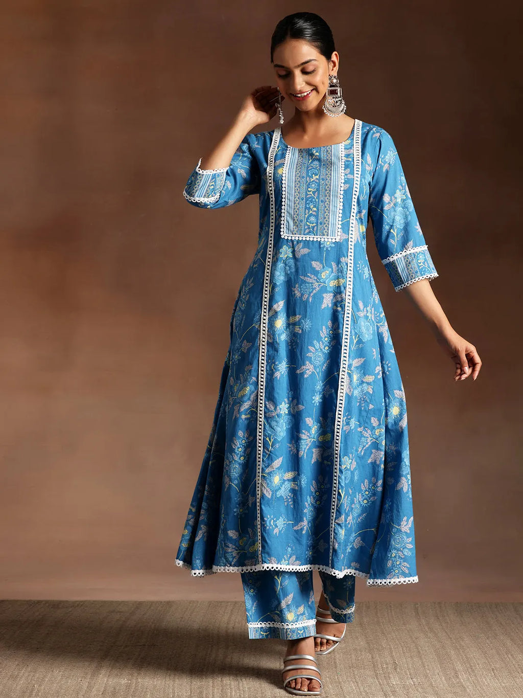 Blue Printed Cotton A-Line Kurta With Palazzos