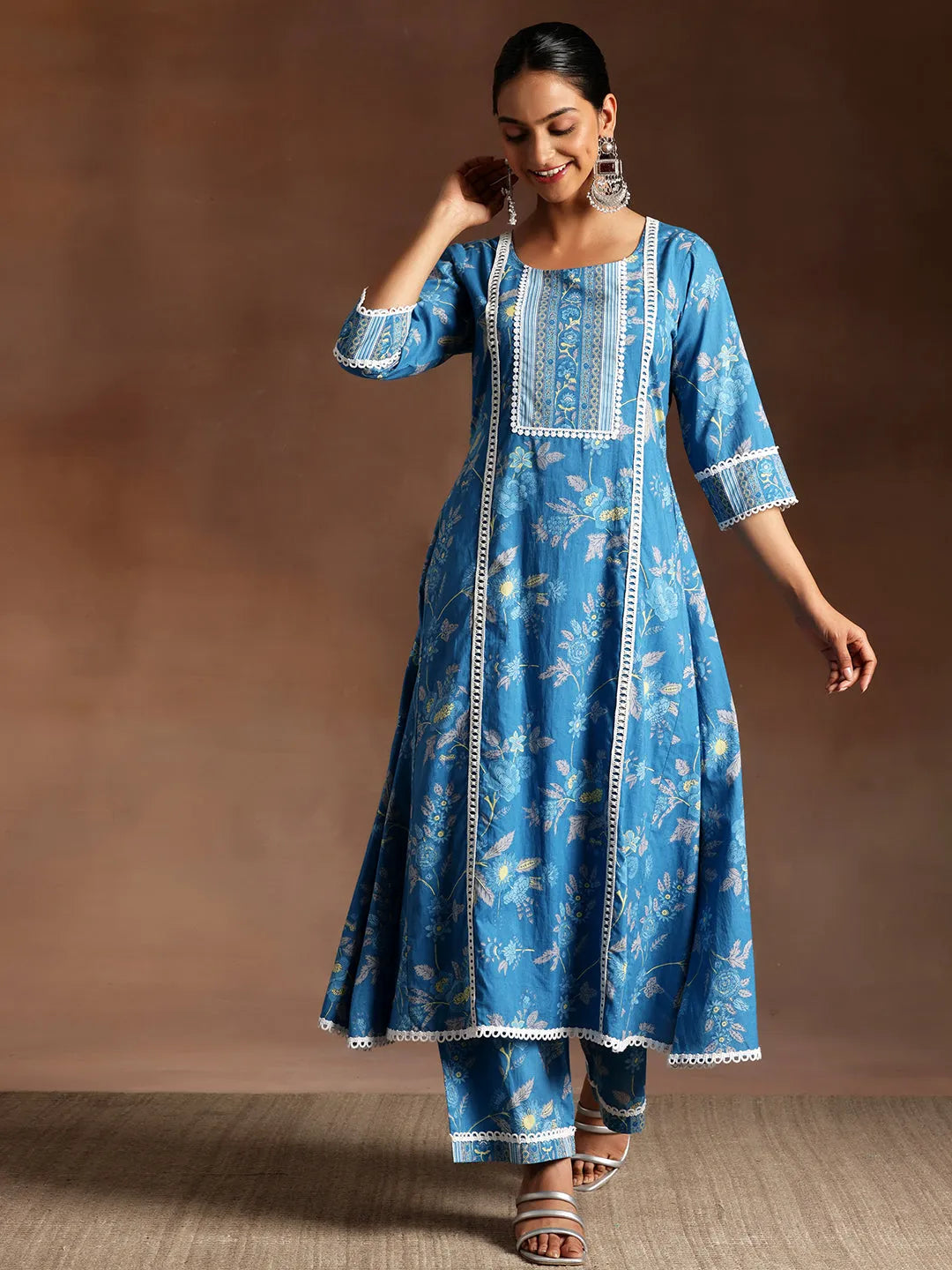 Blue Printed Cotton A-Line Kurta With Palazzos