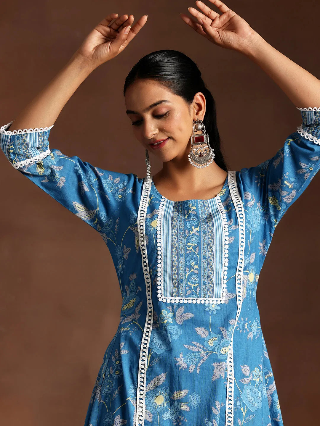 Blue Printed Cotton A-Line Kurta With Palazzos