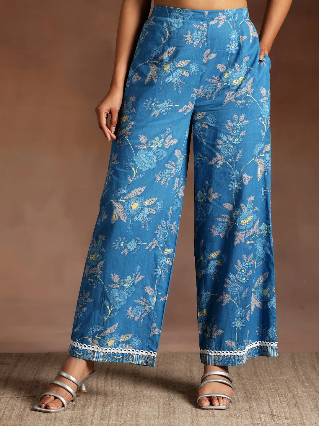 Blue Printed Cotton A-Line Kurta With Palazzos