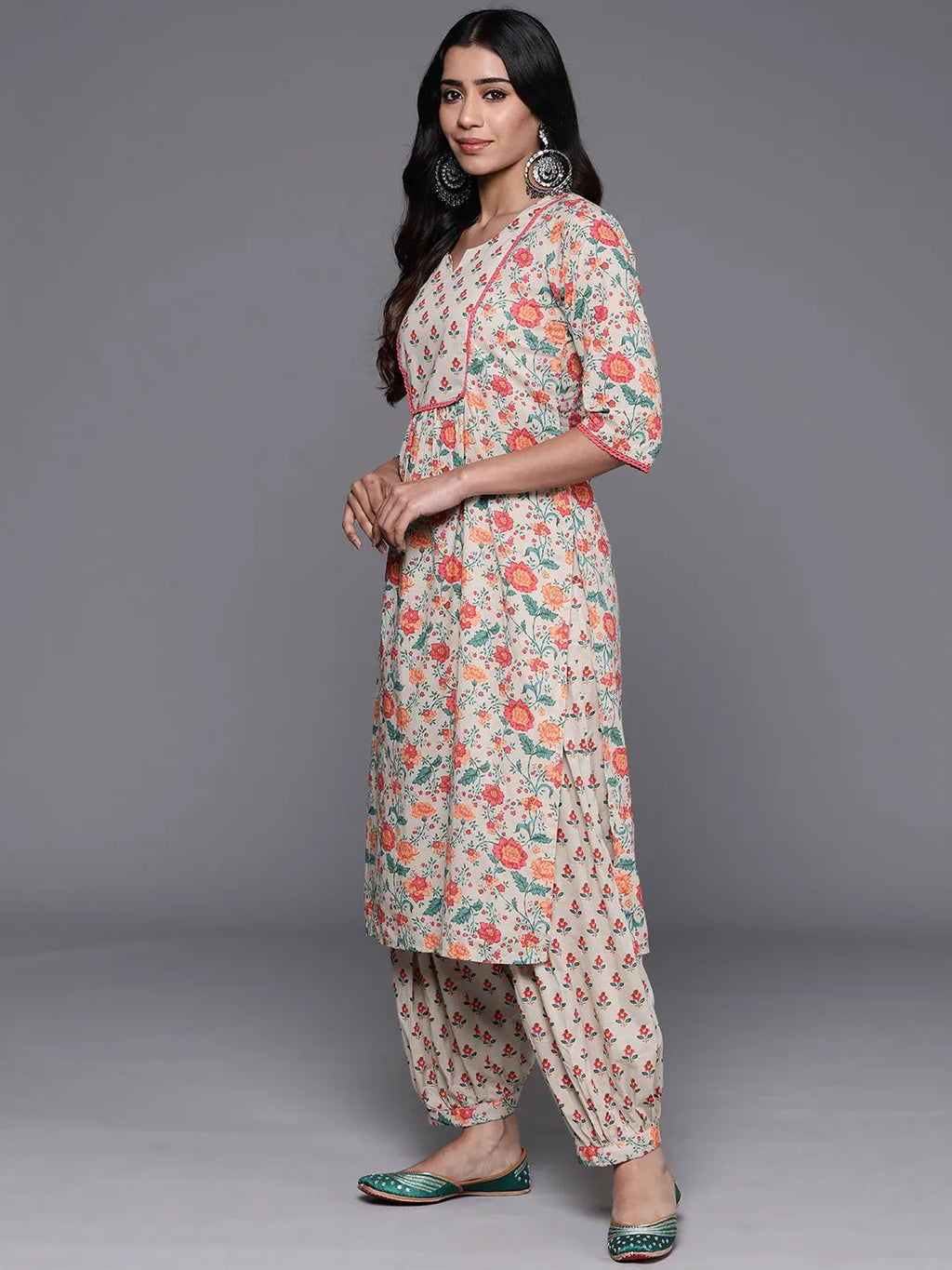 Beige Printed Cotton Straight Kurta Set