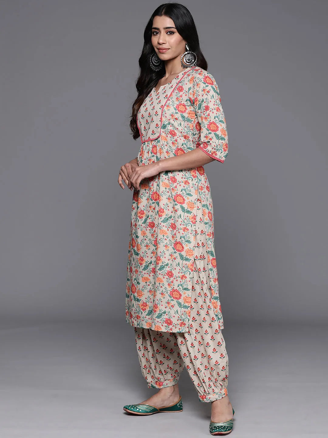 Beige Printed Cotton Straight Kurta Set