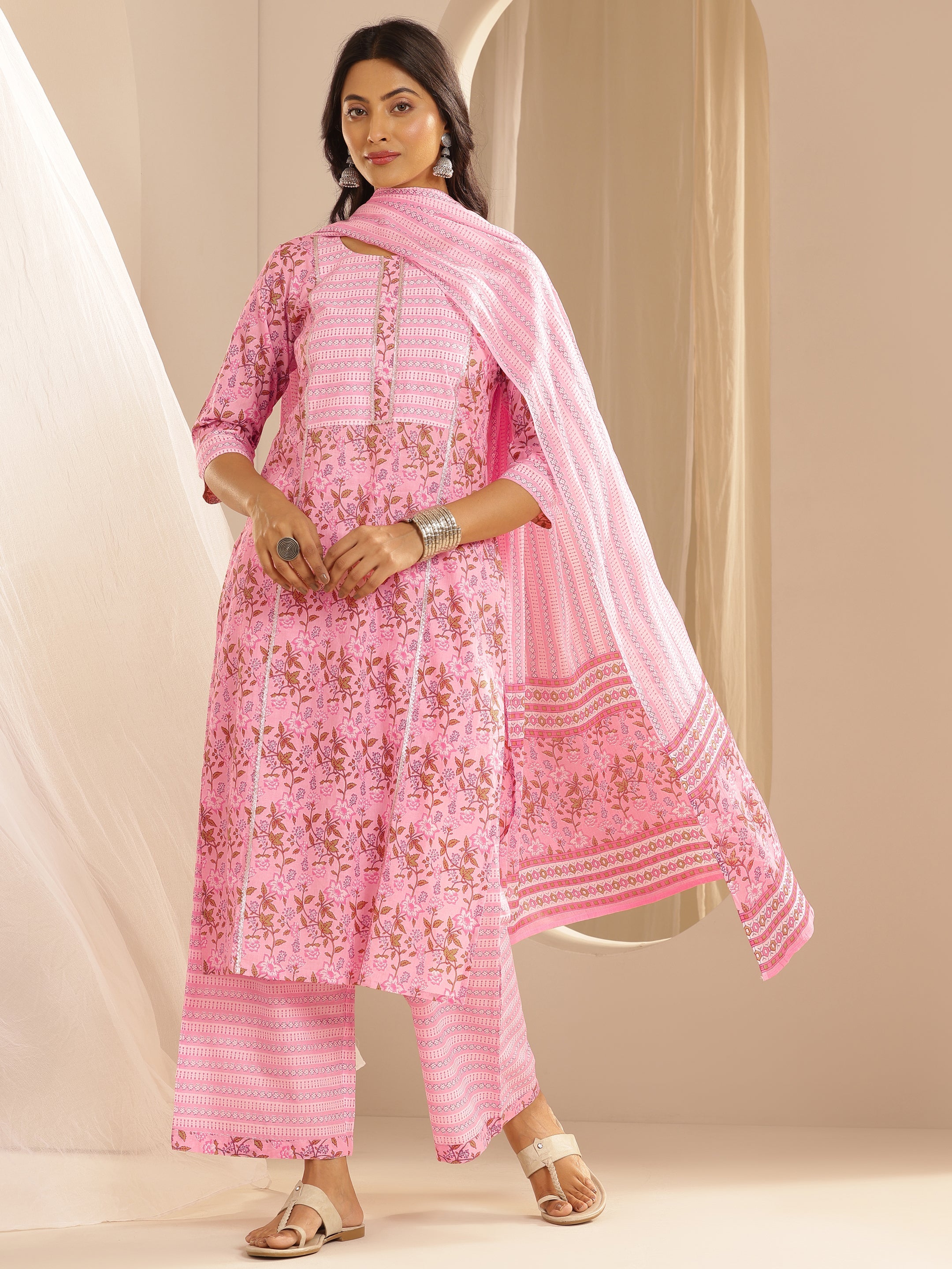 Pink Yoke Design Cotton Straight Suit With Dupatta
