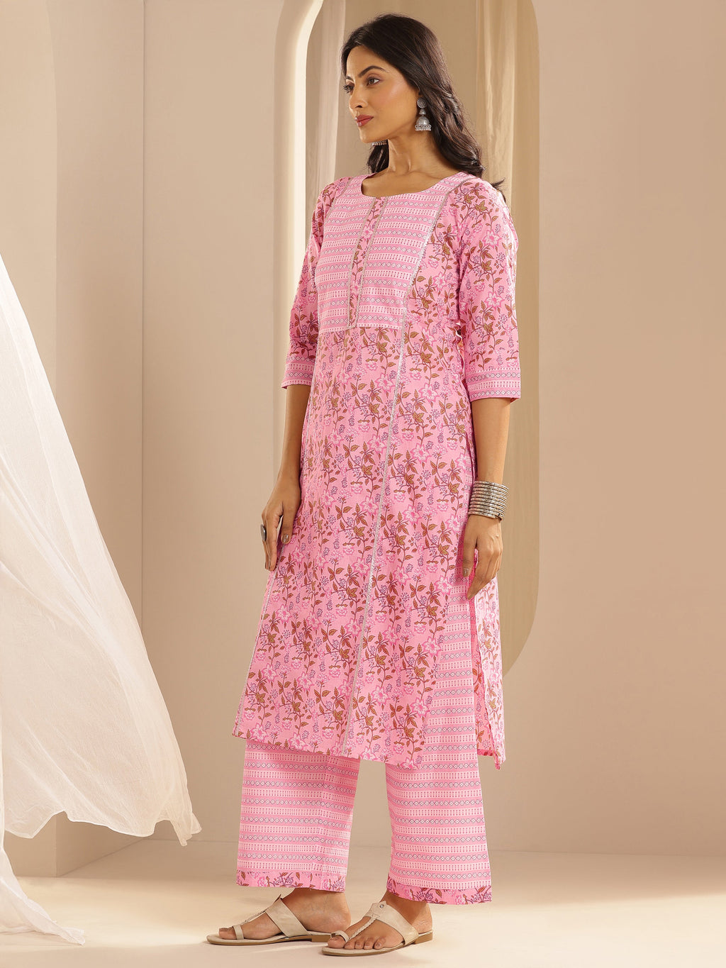Pink Yoke Design Cotton Straight Suit With Dupatta
