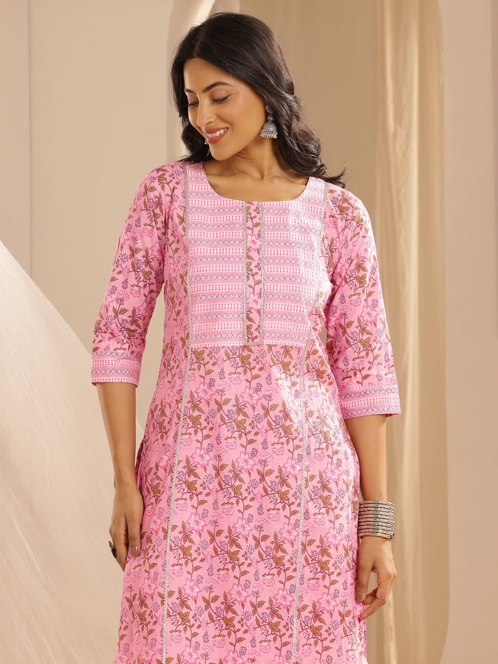 Pink Yoke Design Cotton Straight Suit With Dupatta