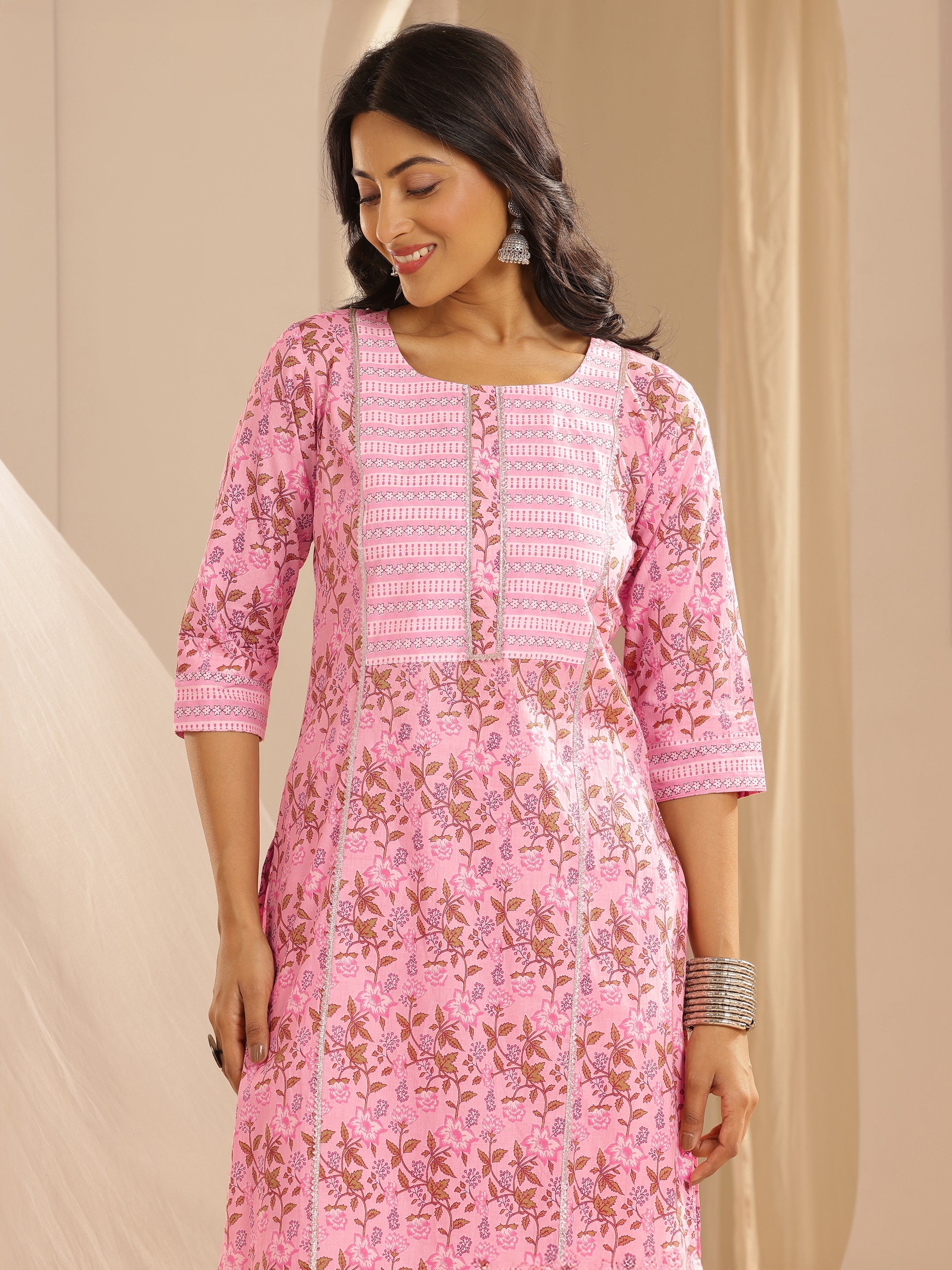 Pink Yoke Design Cotton Straight Suit With Dupatta