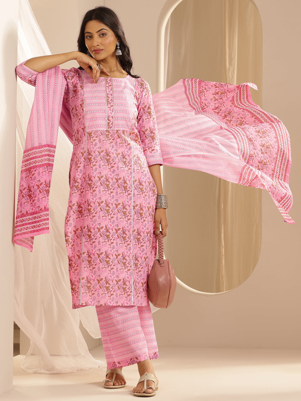 Pink Yoke Design Cotton Straight Suit With Dupatta