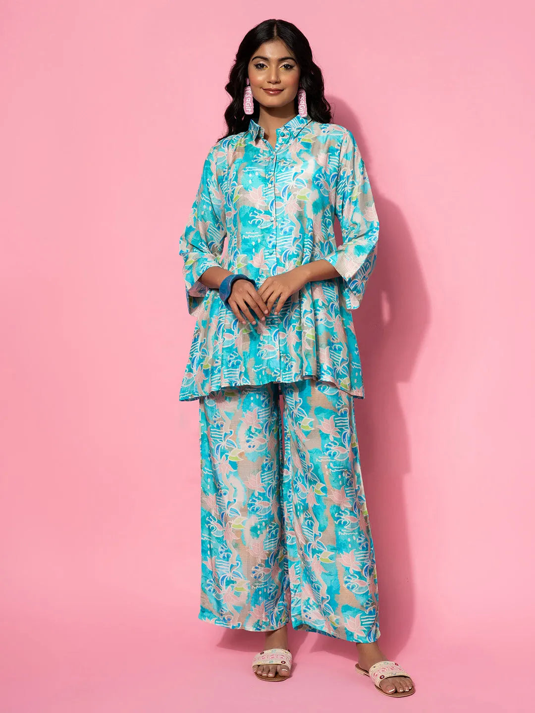 Blue Printed Silk Blend Co-Ords