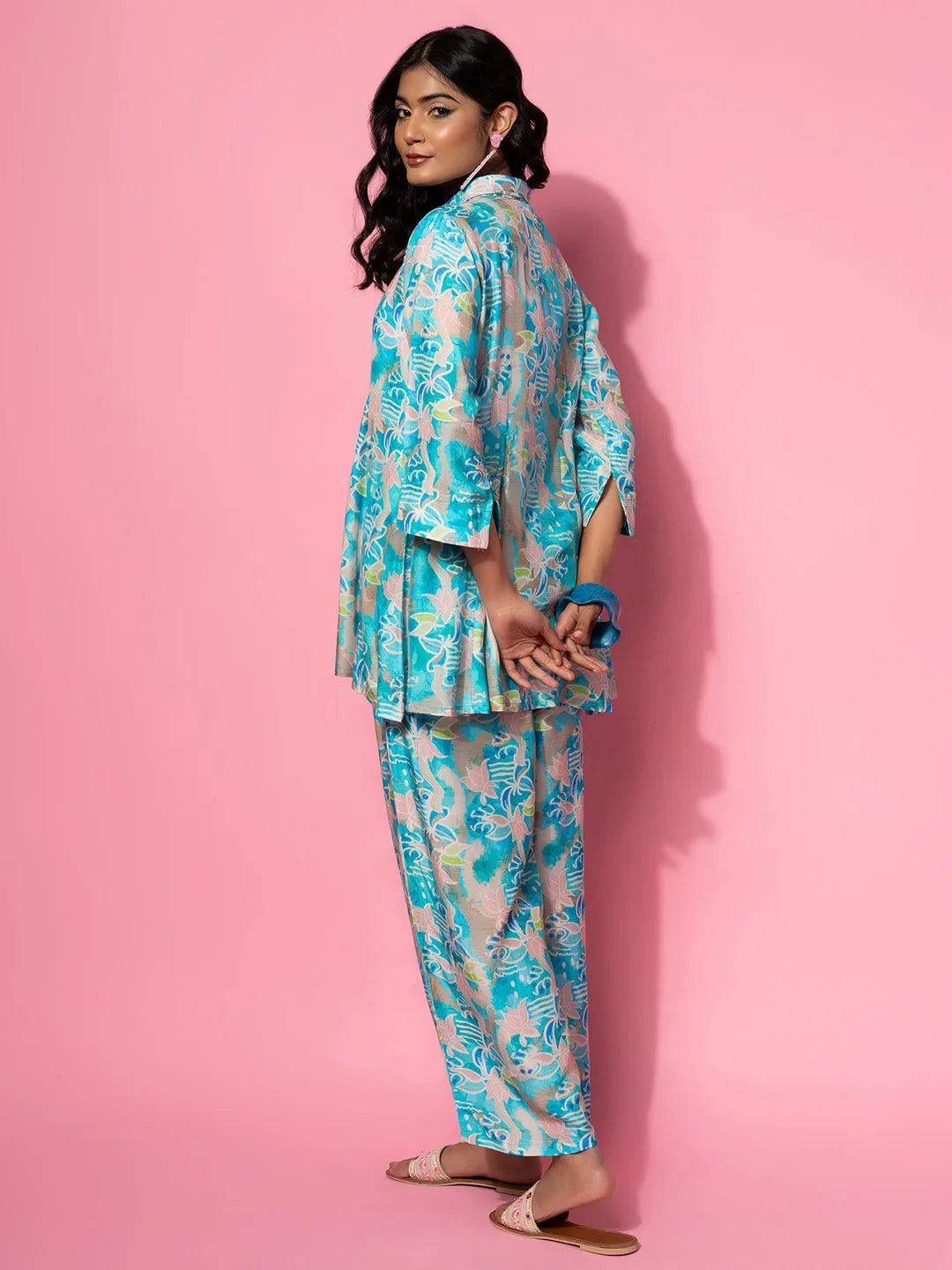 Blue Printed Silk Blend Co-Ords