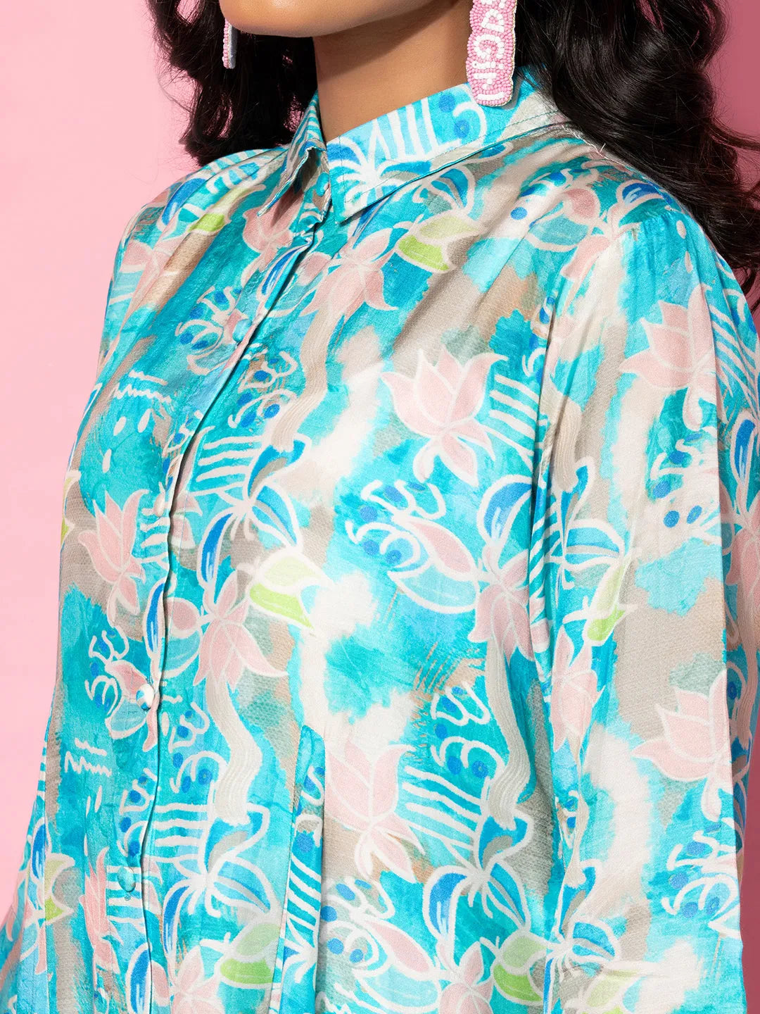 Blue Printed Silk Blend Co-Ords