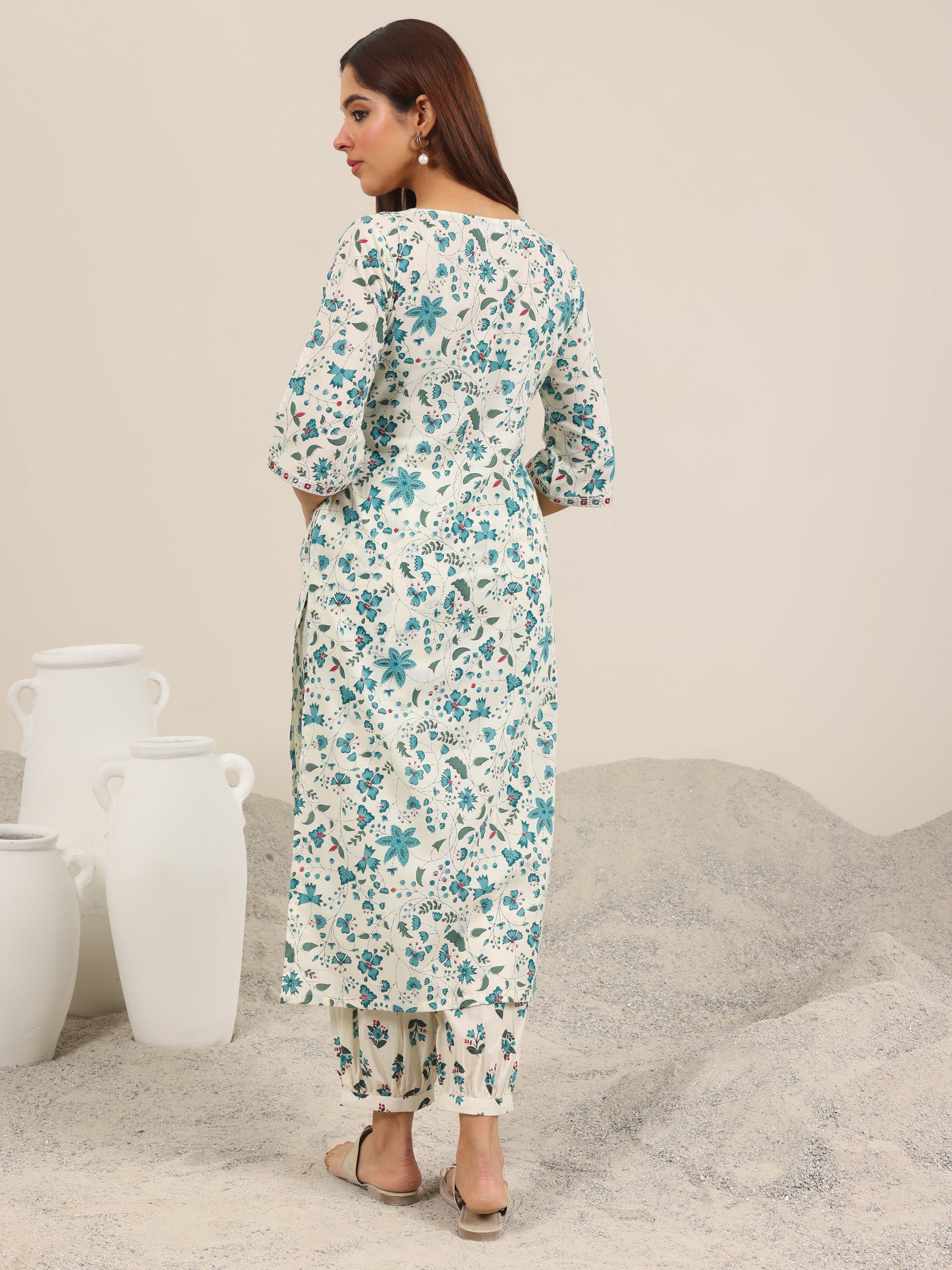 Off White Printed Cotton Straight Kurta Set