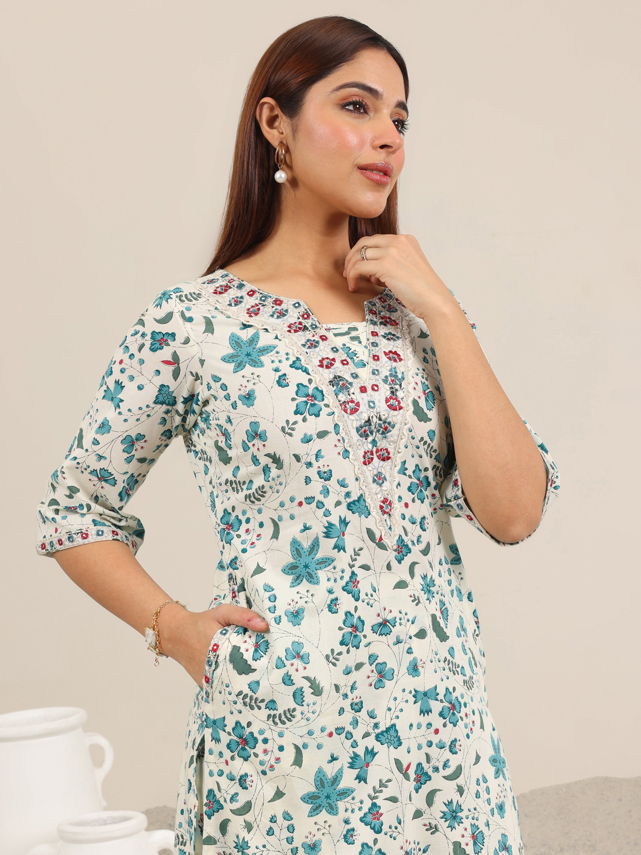 Off White Printed Cotton Straight Kurta Set