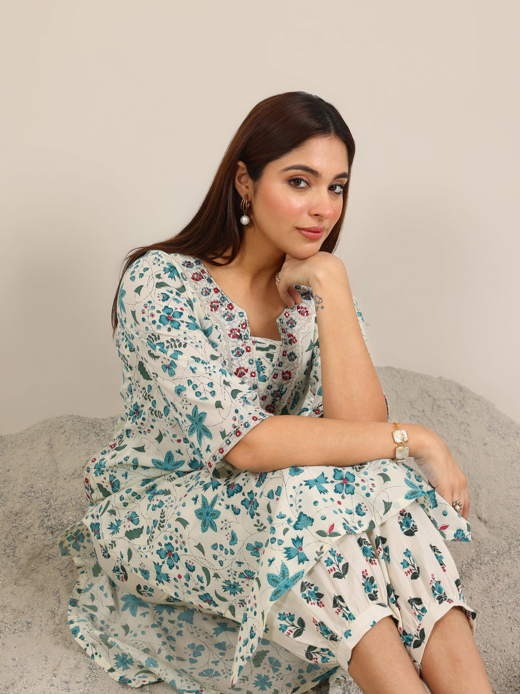 Off White Printed Cotton Straight Kurta Set