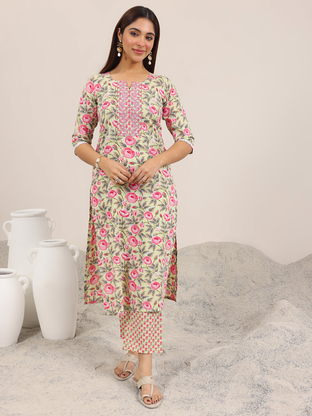 Green Printed Cotton Straight Kurta Set