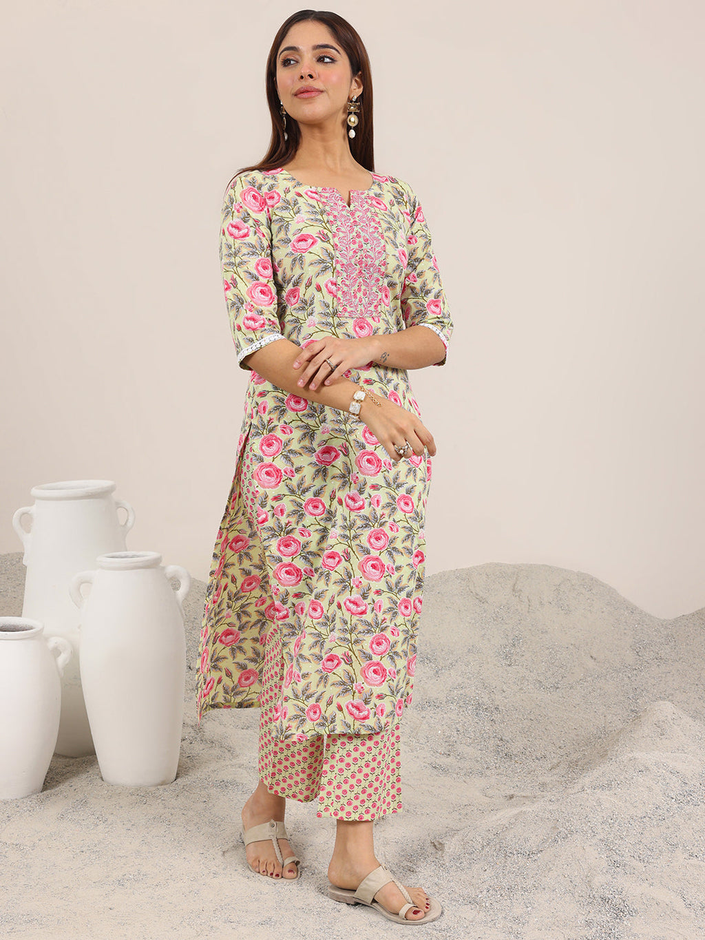 Green Printed Cotton Straight Kurta Set