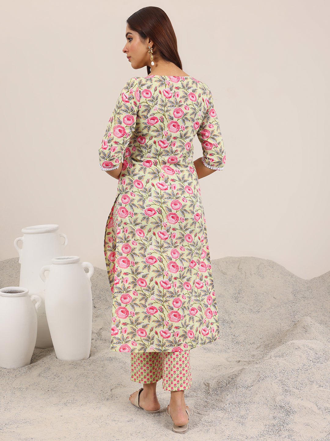 Green Printed Cotton Straight Kurta Set