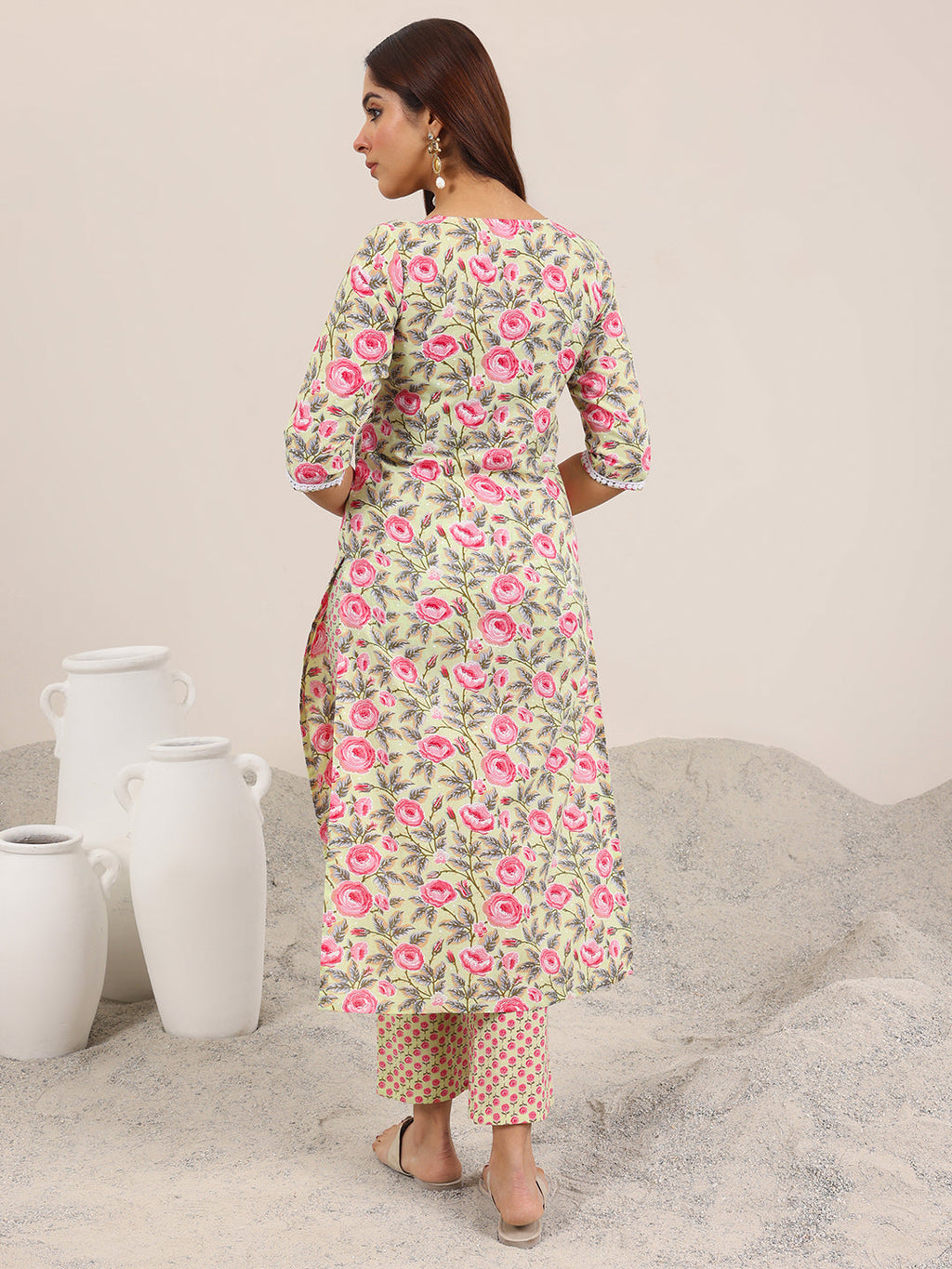 Green Printed Cotton Straight Kurta Set