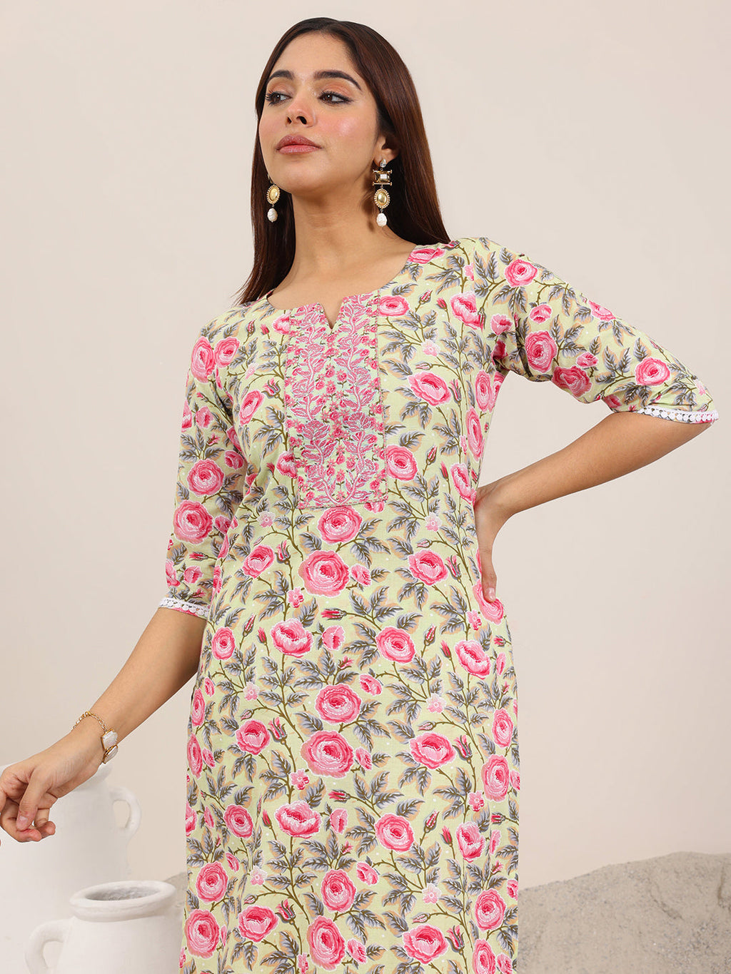 Green Printed Cotton Straight Kurta Set