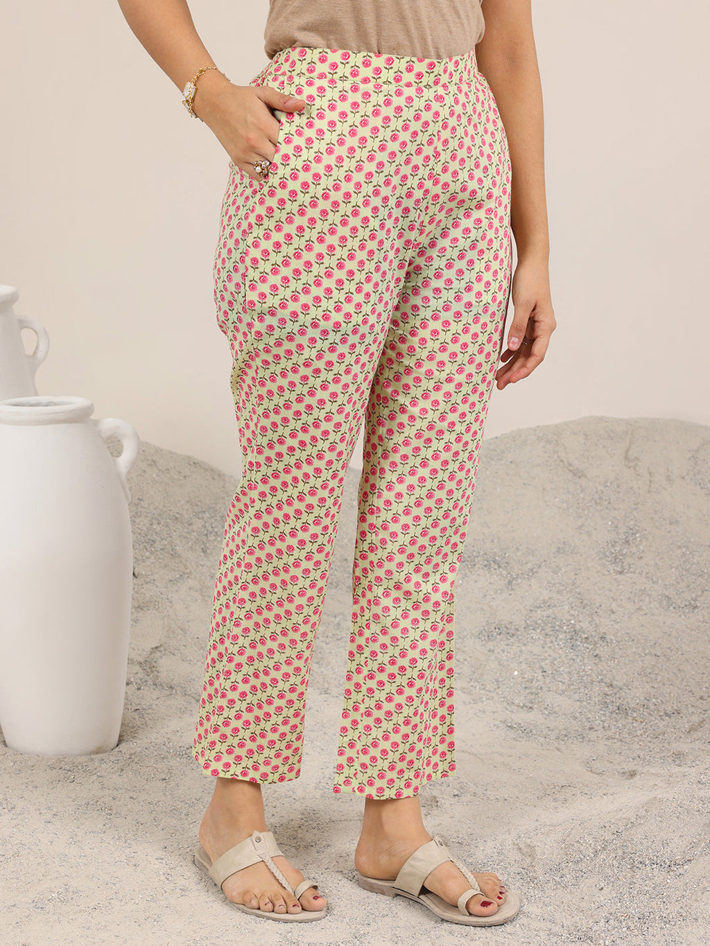 Green Printed Cotton Straight Kurta Set