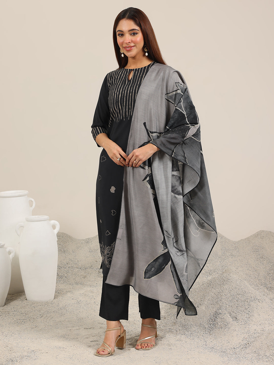 Black Printed Silk Blend Straight Suit Set WIth Dupatta